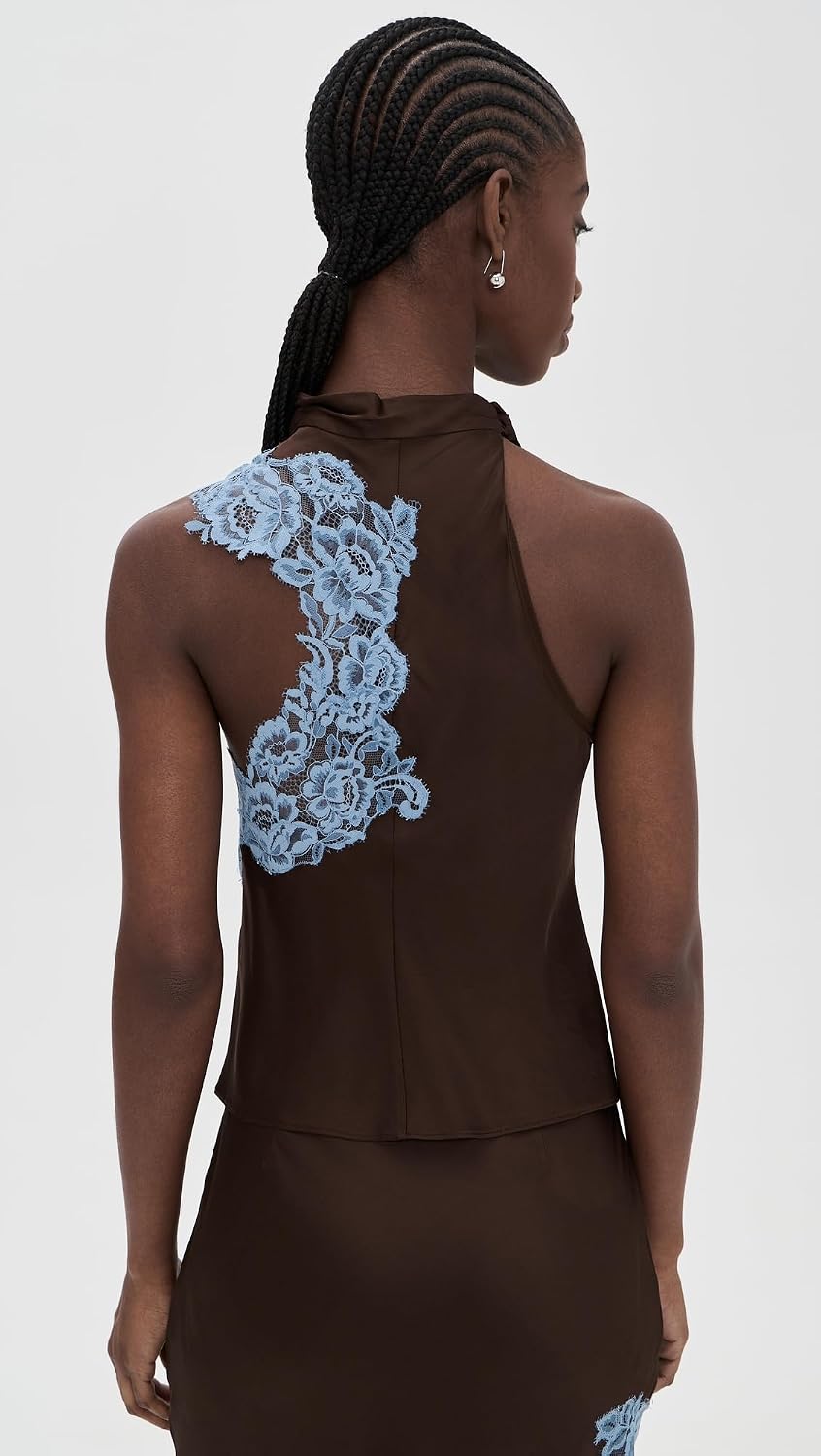 Women's Mock Neck Lace Panel Satin Top, Brown