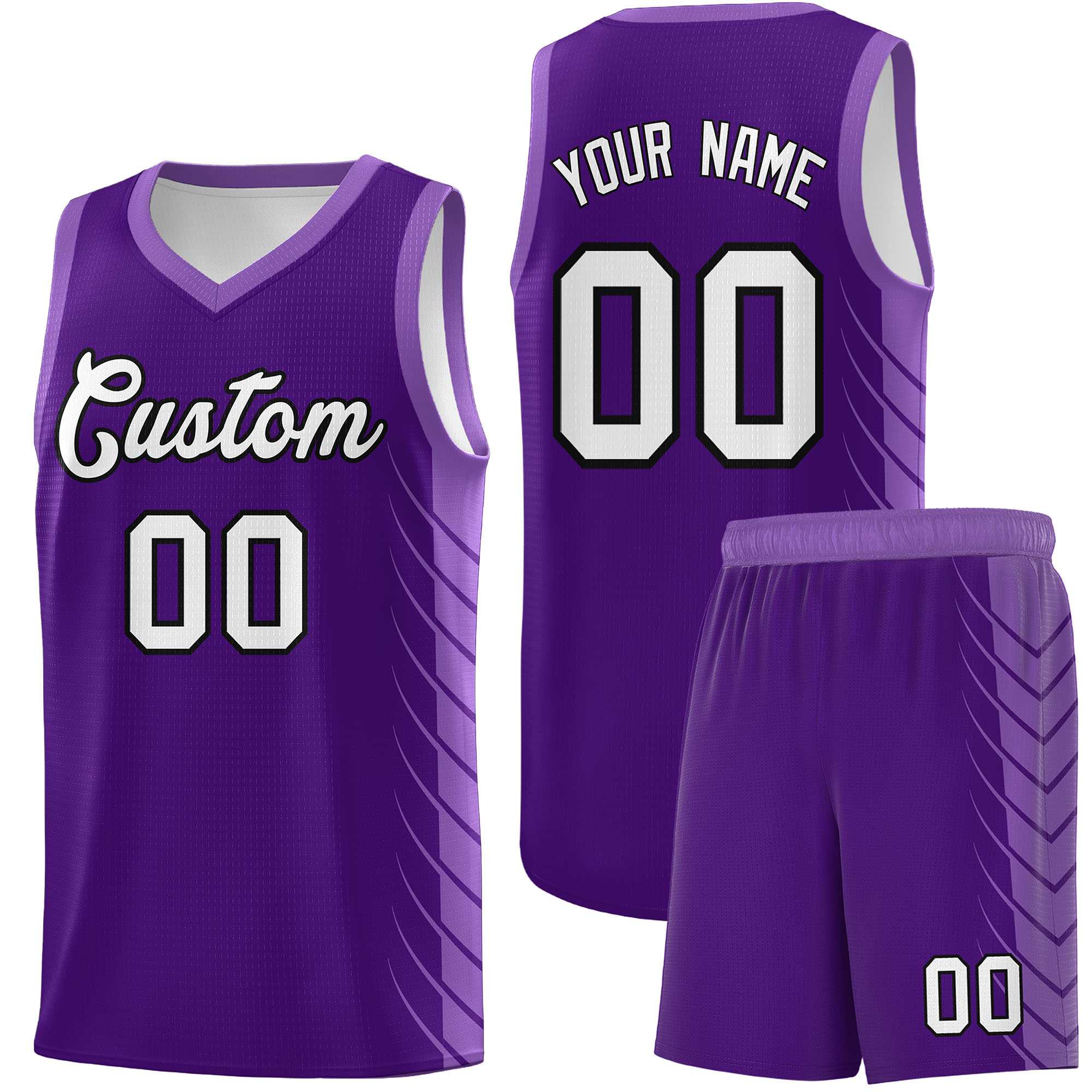 Benutzerdefiniertes lila hellviolettes personalisiertes seitliches symmetrisches Linienmuster-Sportuniform-Basketballtrikot
