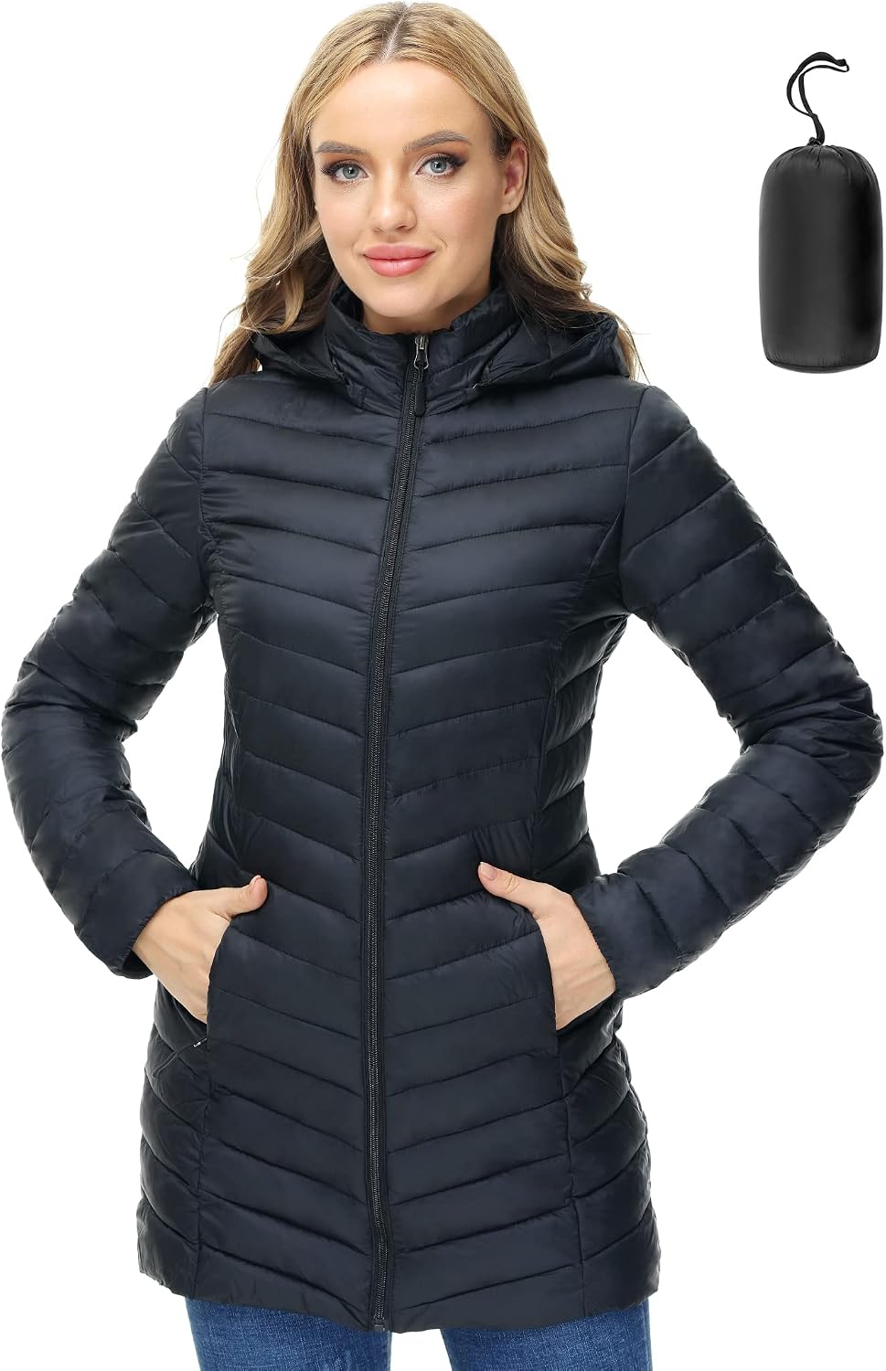 Women's Packable Hooded Puffer Jacket Lightweight Black
