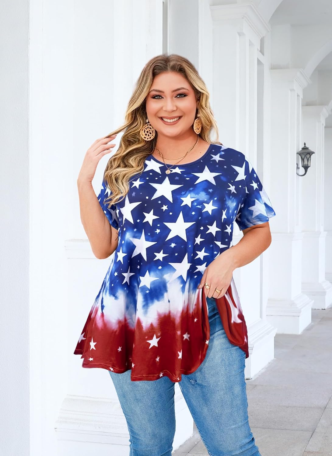 Tunic Tops for Women Plus Size Short Sleeve Crew Neck Swing Flare Loose T-Shirt Blouses to Wear with Leggings