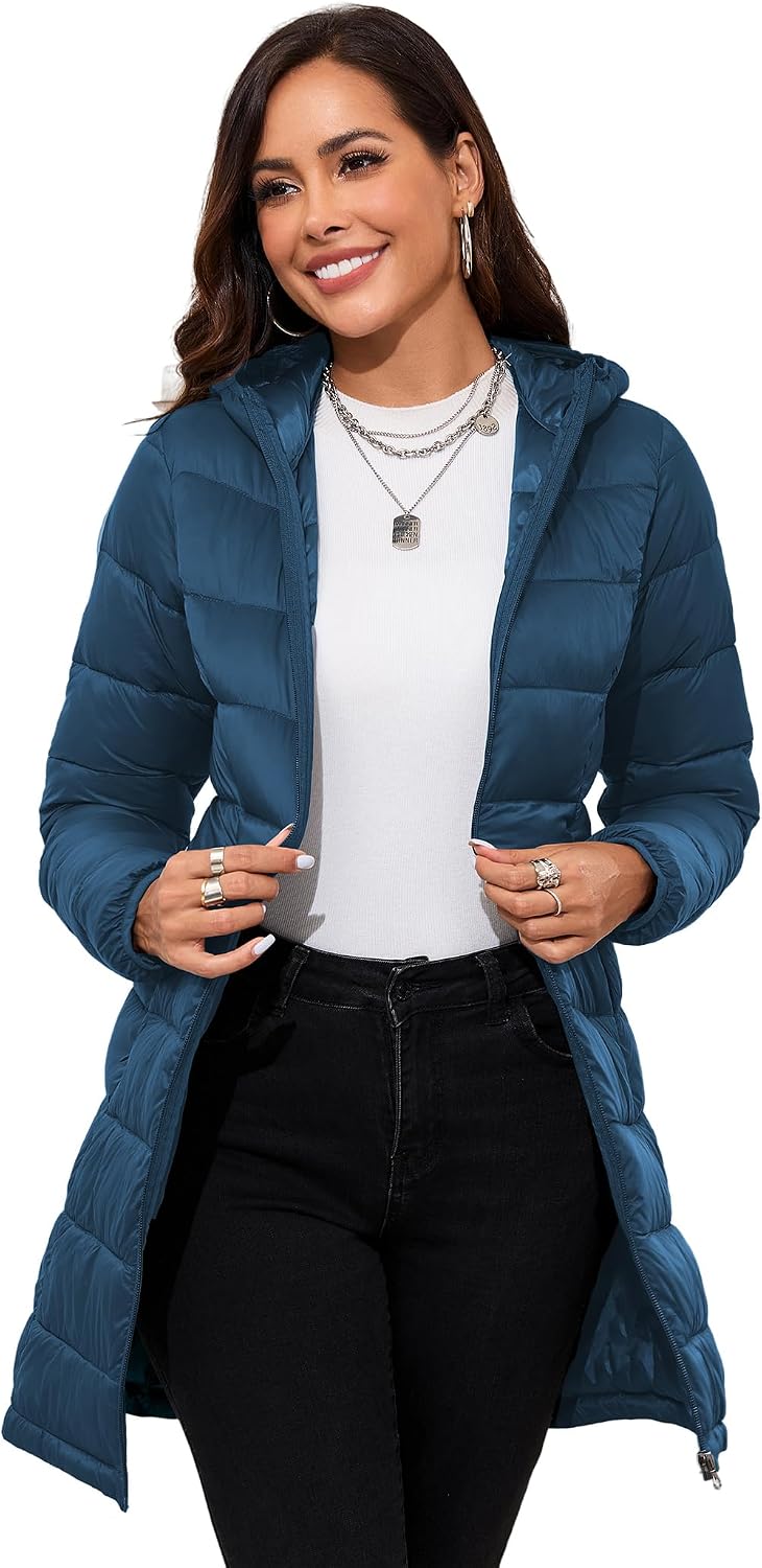 Women's Packable Long Hooded Puffer Jacket Teal Blue