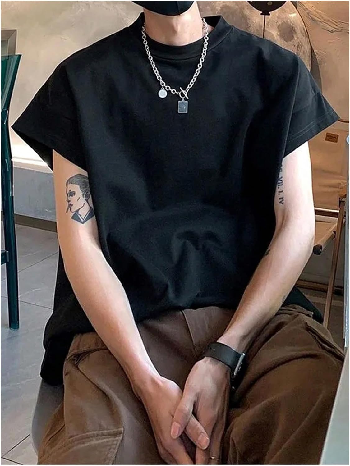 Men's Cap Sleeve Loose Fit Tank Top Black