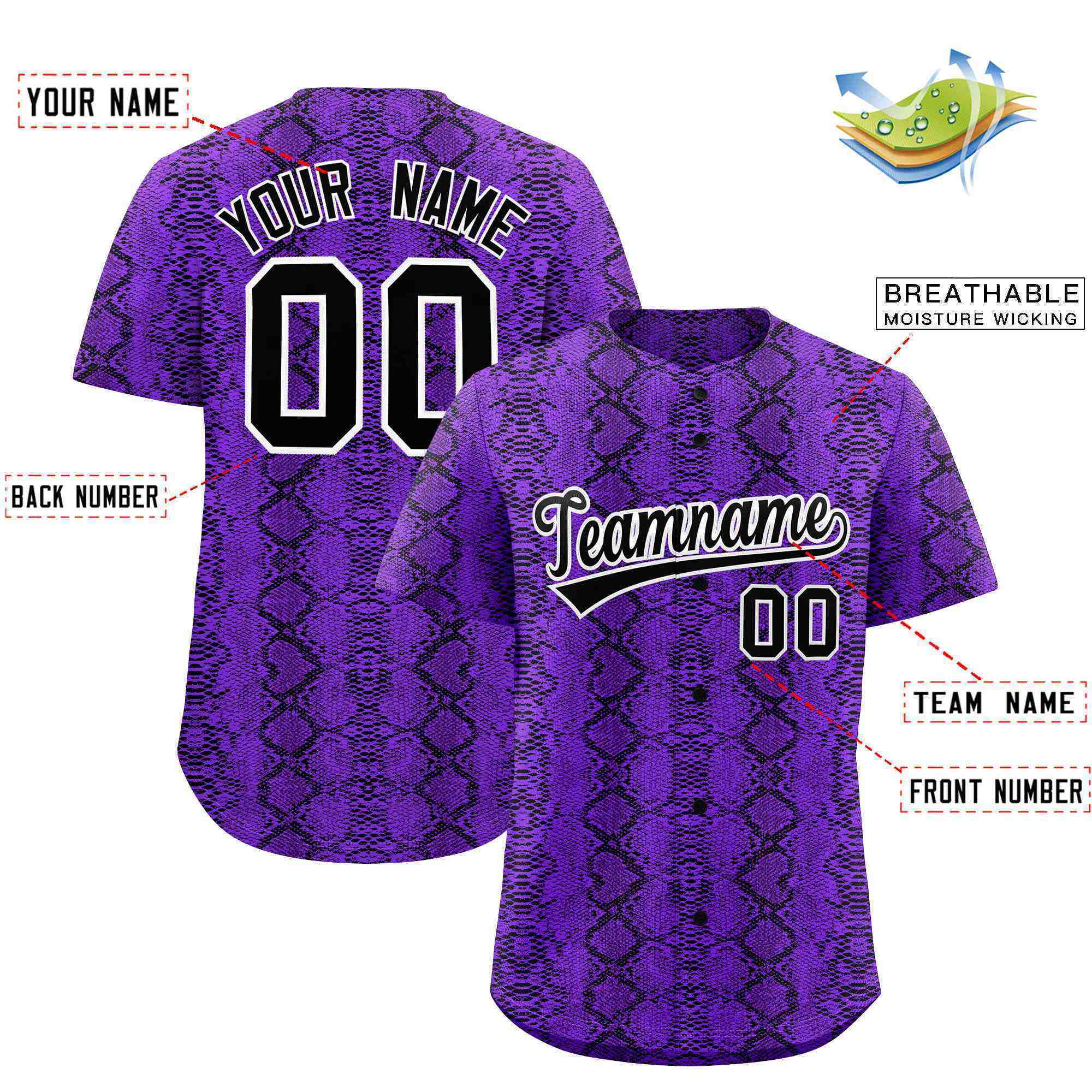 Benutzerdefiniertes authentisches Baseball-Trikot mit mehrfarbigem Schlangenledermuster