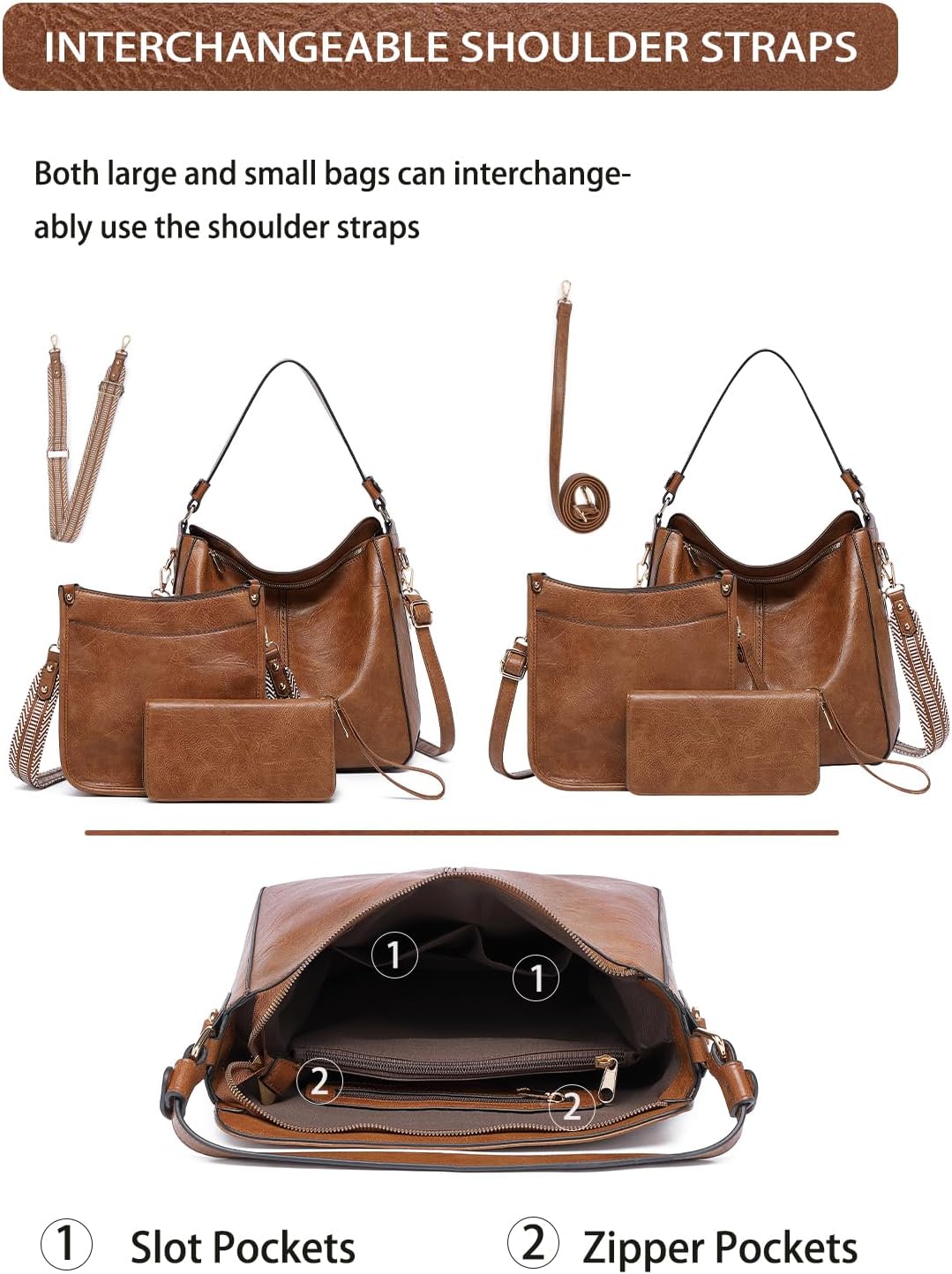 Women's Vegan Leather Hobo Bag Set 3 Pieces Brown Women's Vegan Leather Hobo Bag Set 3 Pieces Brown
