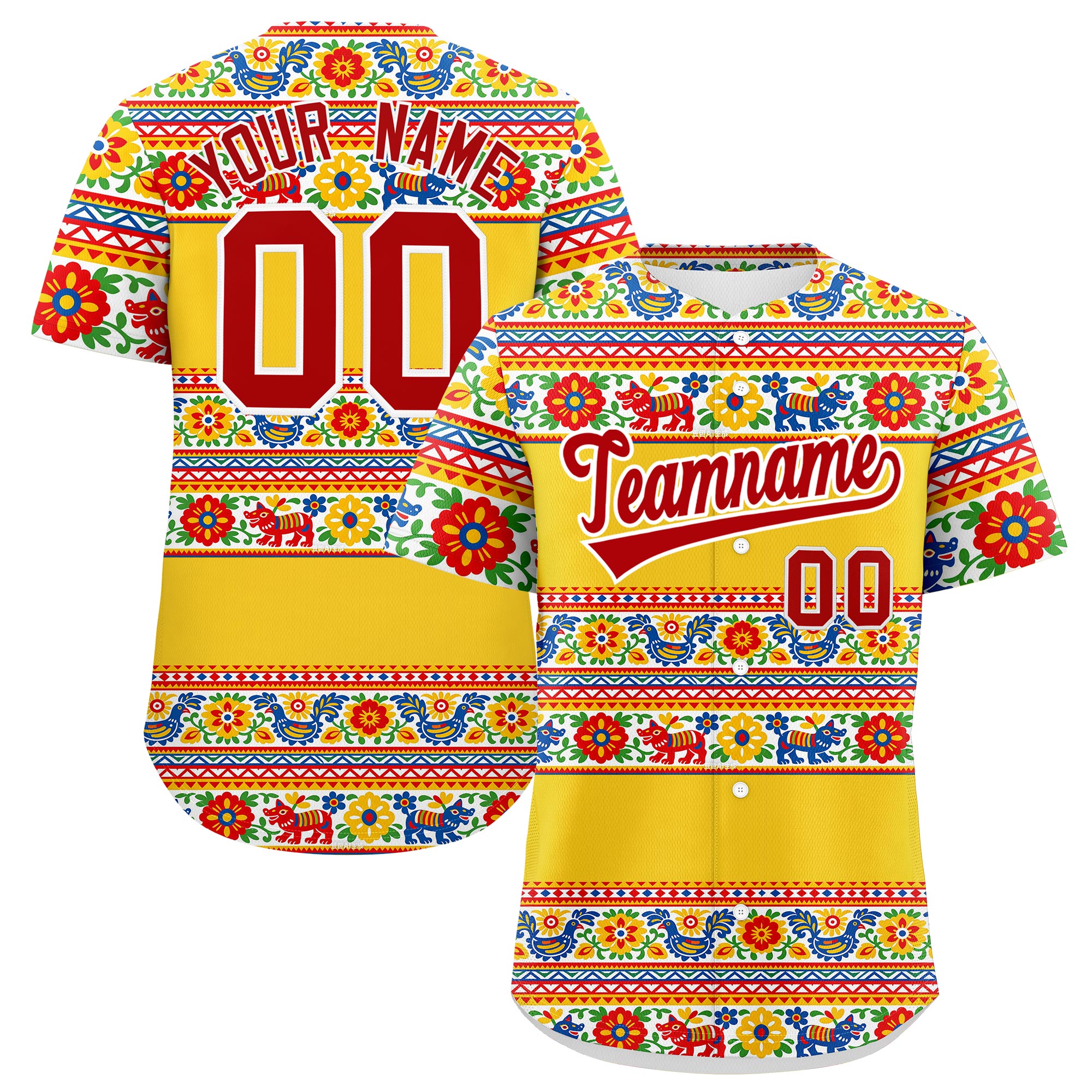 Benutzerdefiniertes Baseball-Trikot aus Stretchstoff mit Graffiti-Muster im mexikanischen Stil Benutzerdefiniertes Baseball-Trikot aus Stretchstoff mit Graffiti-Muster im mexikanischen Stil
