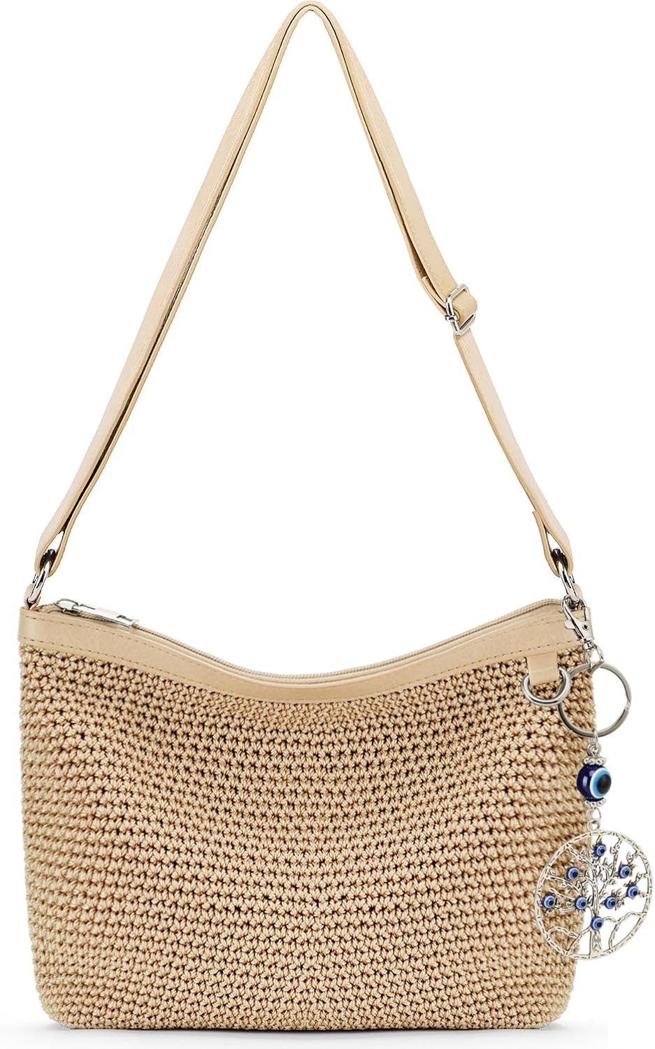 Women's Handwoven Straw Crossbody Bag with Evil Eye Charm