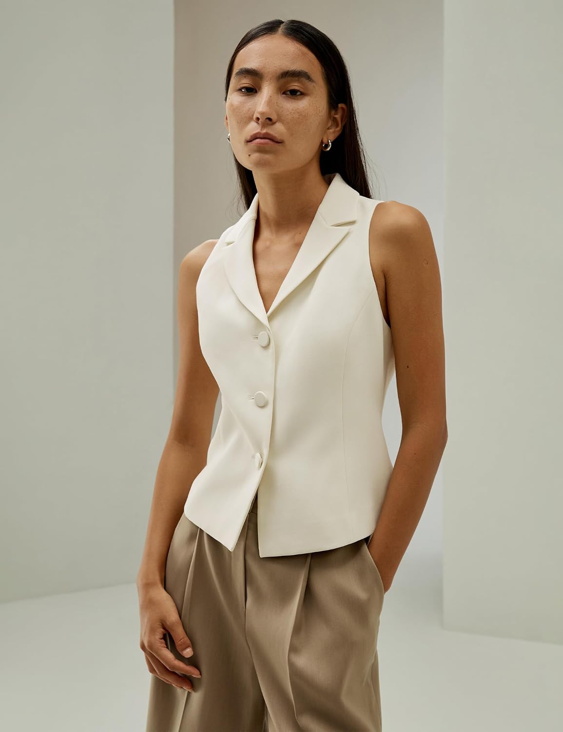 Women's Lapel Collar Silk Blazer Vest Button Front Ivory