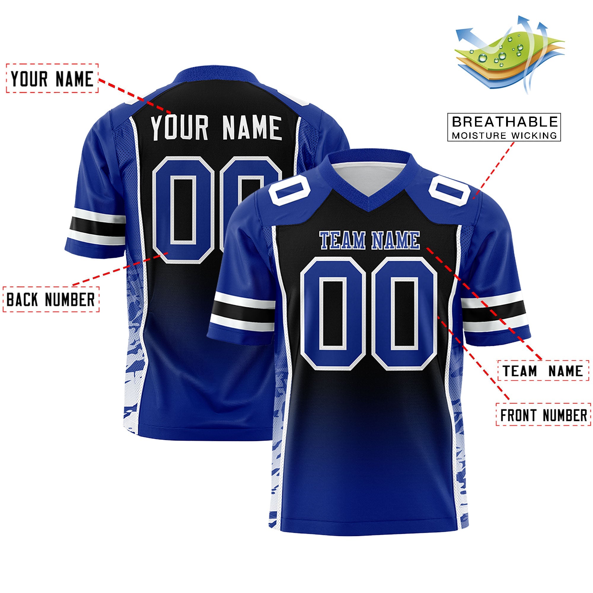 Authentisches Fußballtrikot mit individuellem Farbverlauf und personalisiertem Seitenmuster