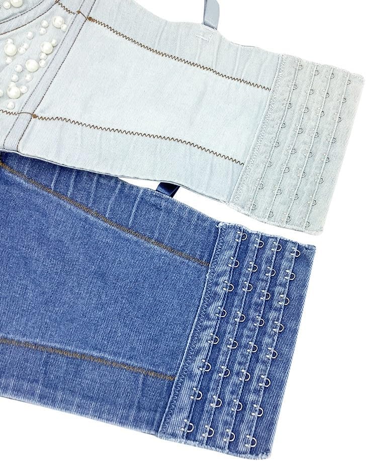 Women's Pearl Beaded Denim Bustier Crop Cami Top