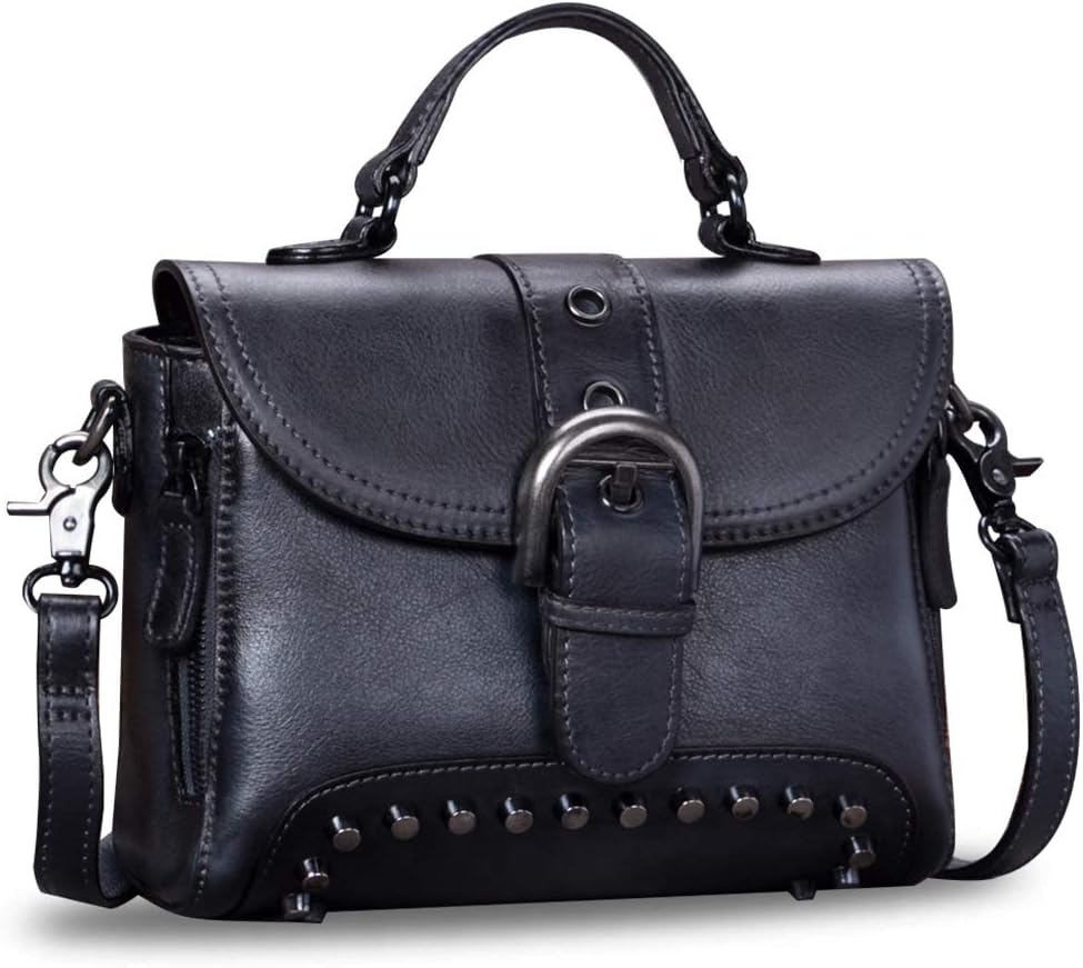 Women's Studded Genuine Leather Flap Satchel Bag Black