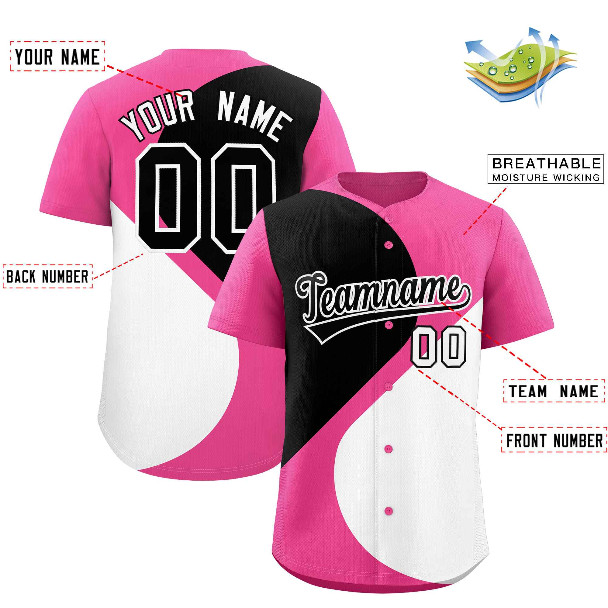 Benutzerdefiniertes, personalisiertes, authentisches Baseball-Trikot mit halbem Herzmuster und Farbblock
