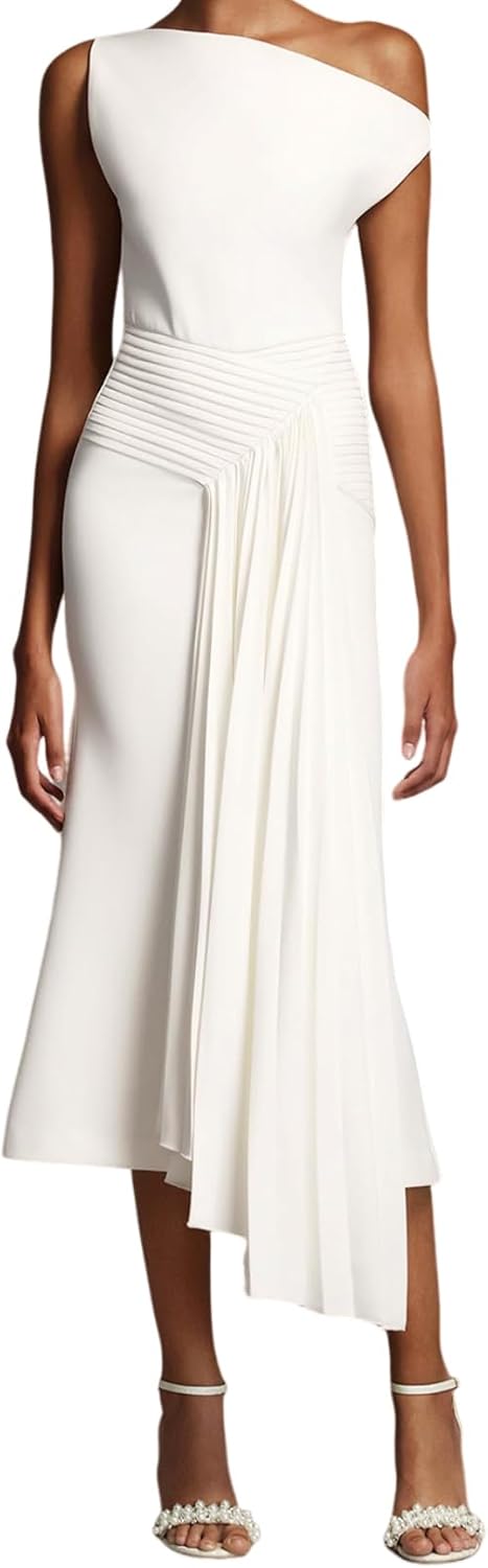 Chic Oblique Shoulder Sleeveless Pleated Cocktail Dress for Women Maxi Design Irregular Hem Party