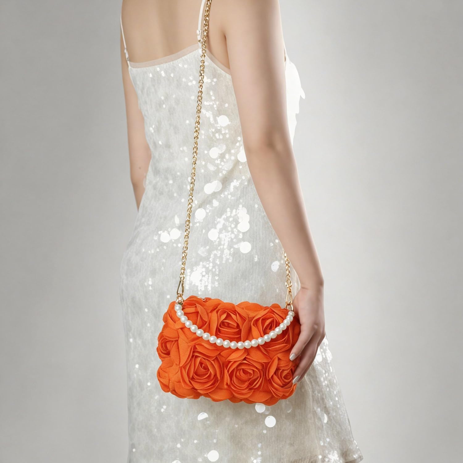 Women's Orange 3D Flower Clutch with Pearl Handle