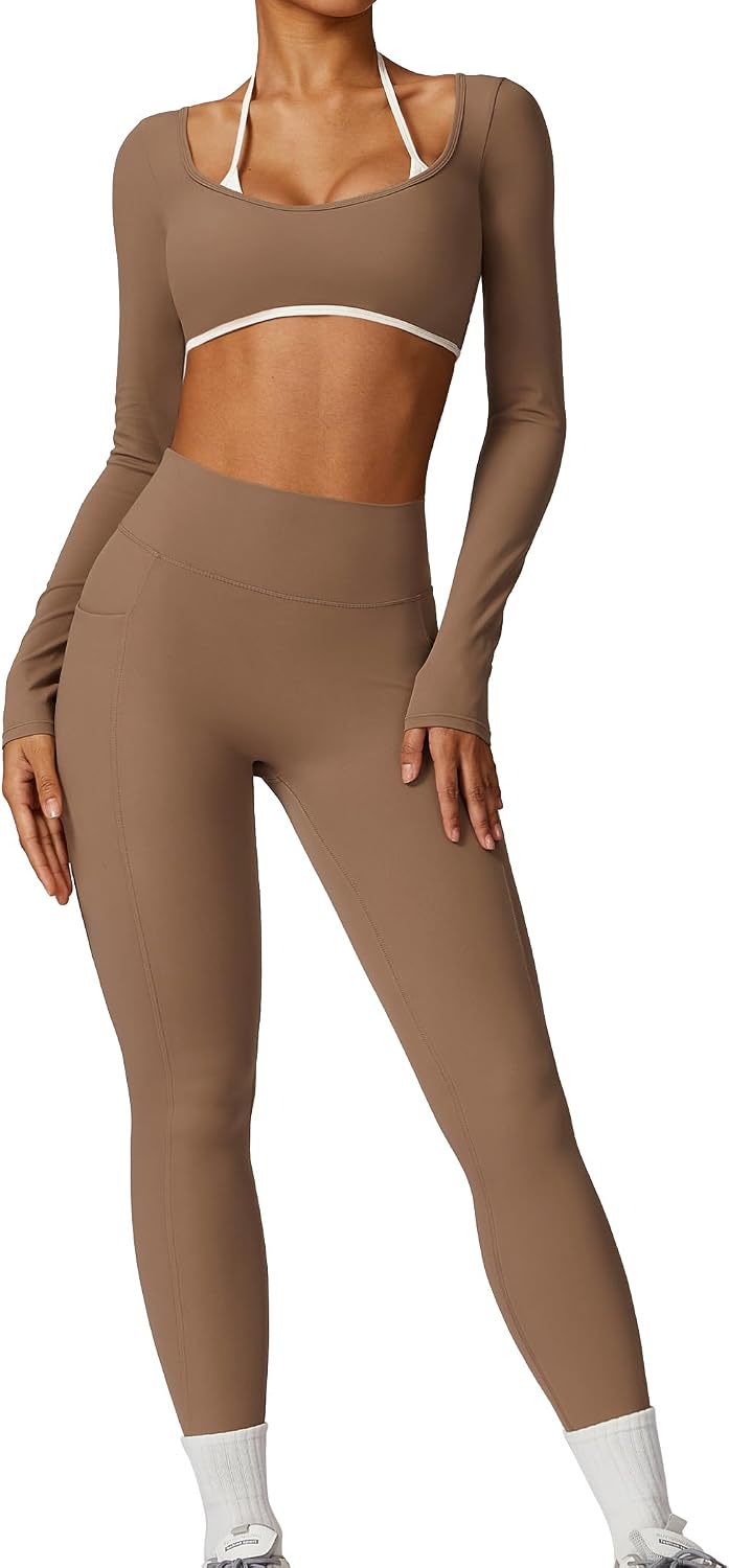 Women's Open Back Crop Top Leggings Set with Pocket