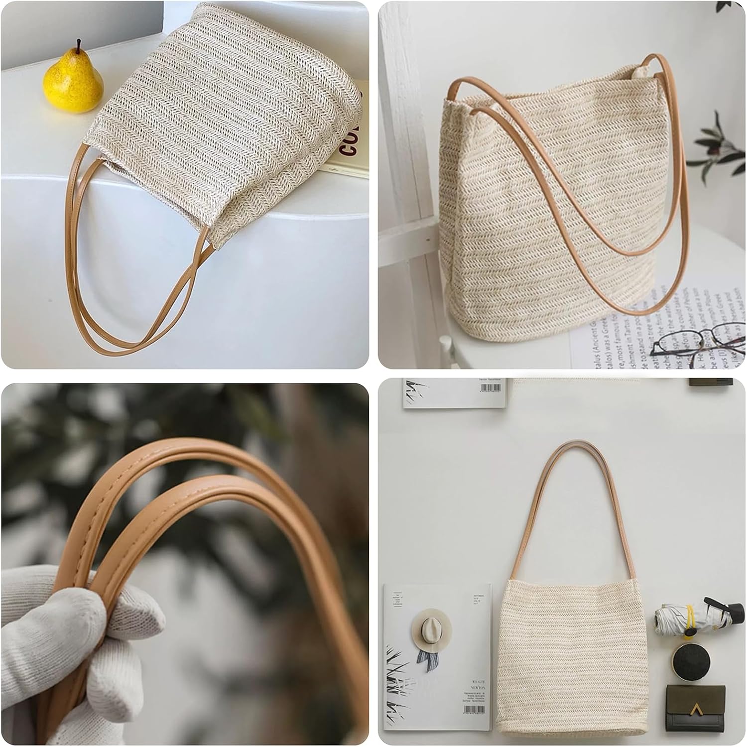 Women's Woven Straw Tote Bag Beige Herringbone