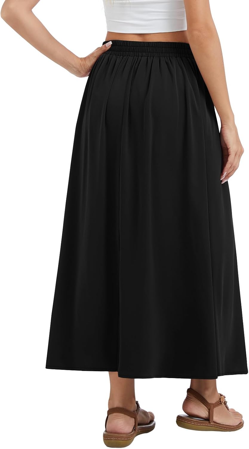 Womens Maxi A-line Long Skirt High Waist Casual Elastic Flowy Skirts with Pockets