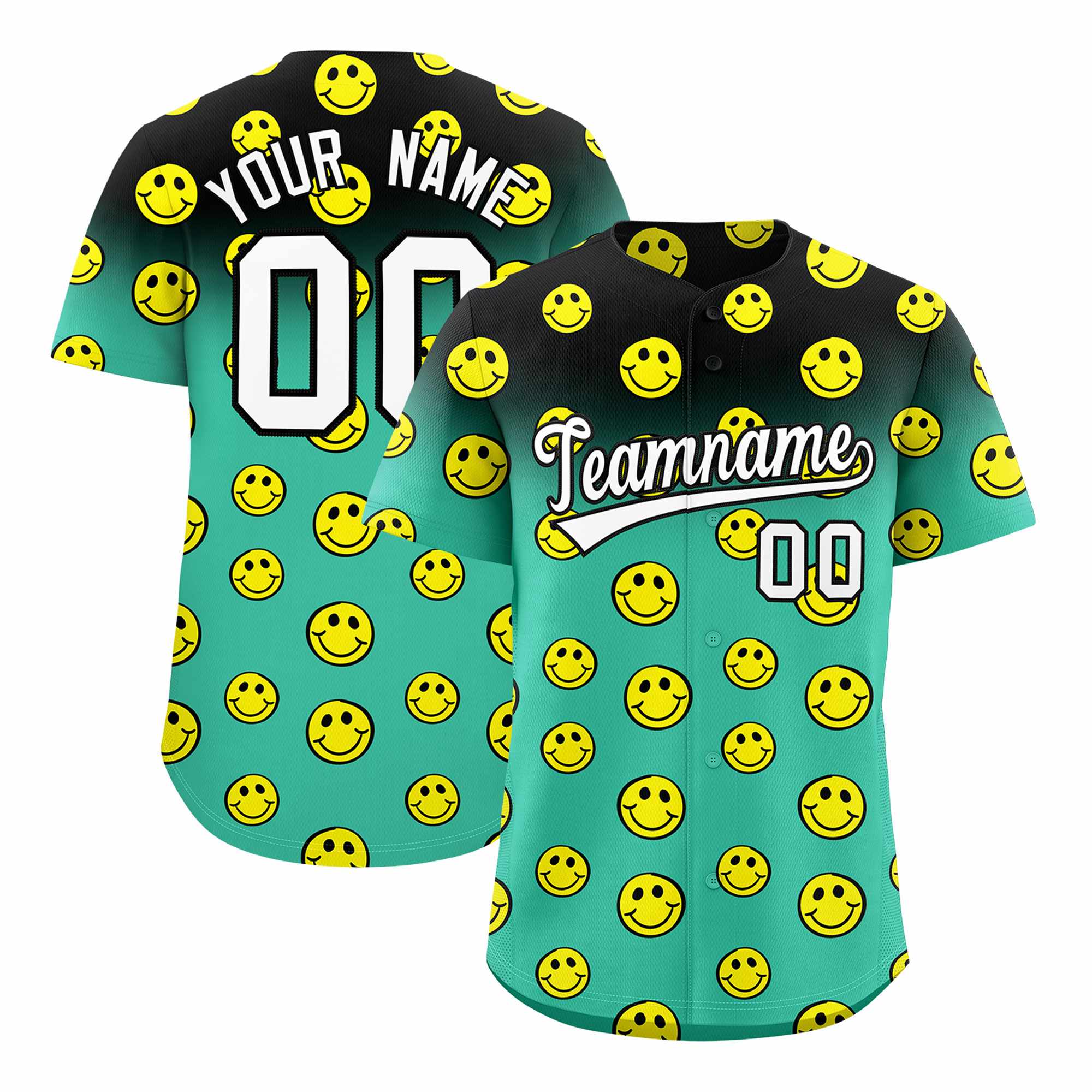 Benutzerdefiniertes, schwarzes, leuchtend grünes Graffiti-Farbverlaufsmuster mit authentischem Smile-Baseball-Trikot