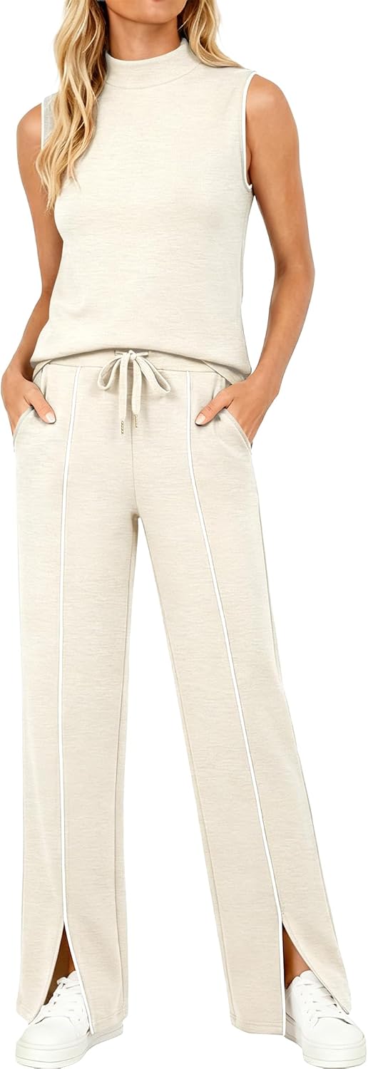 Women's Sleeveless Tank Wide Leg Pants Lounge Set Cream