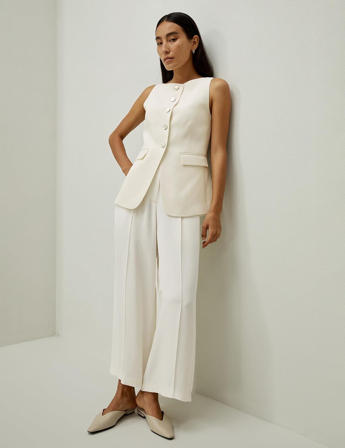 Women's Silk Blazer Vest Button Front Boatneck Ivory Waistcoat