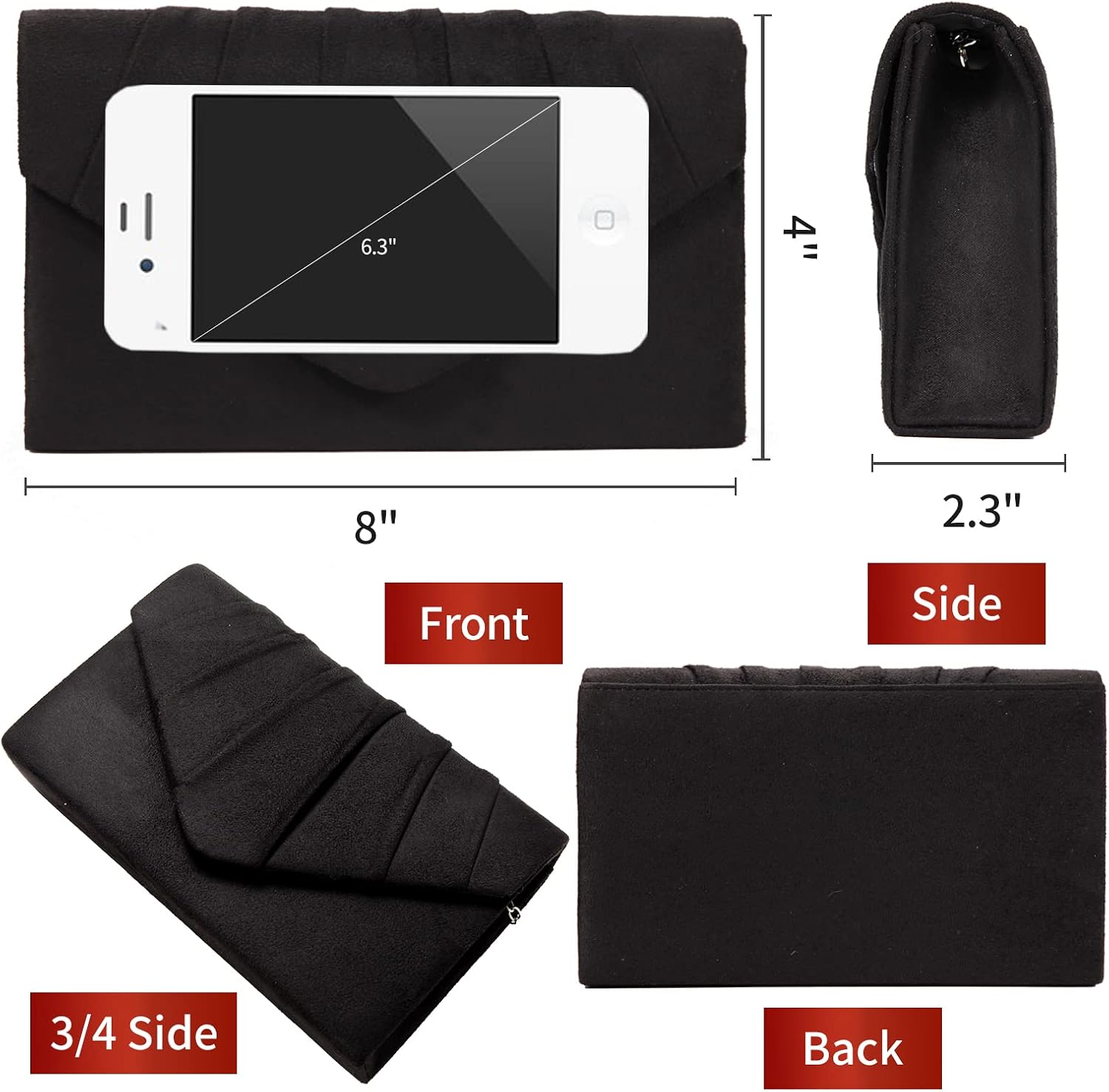 Women's Black Suede Clutch Purse with Detachable Chain