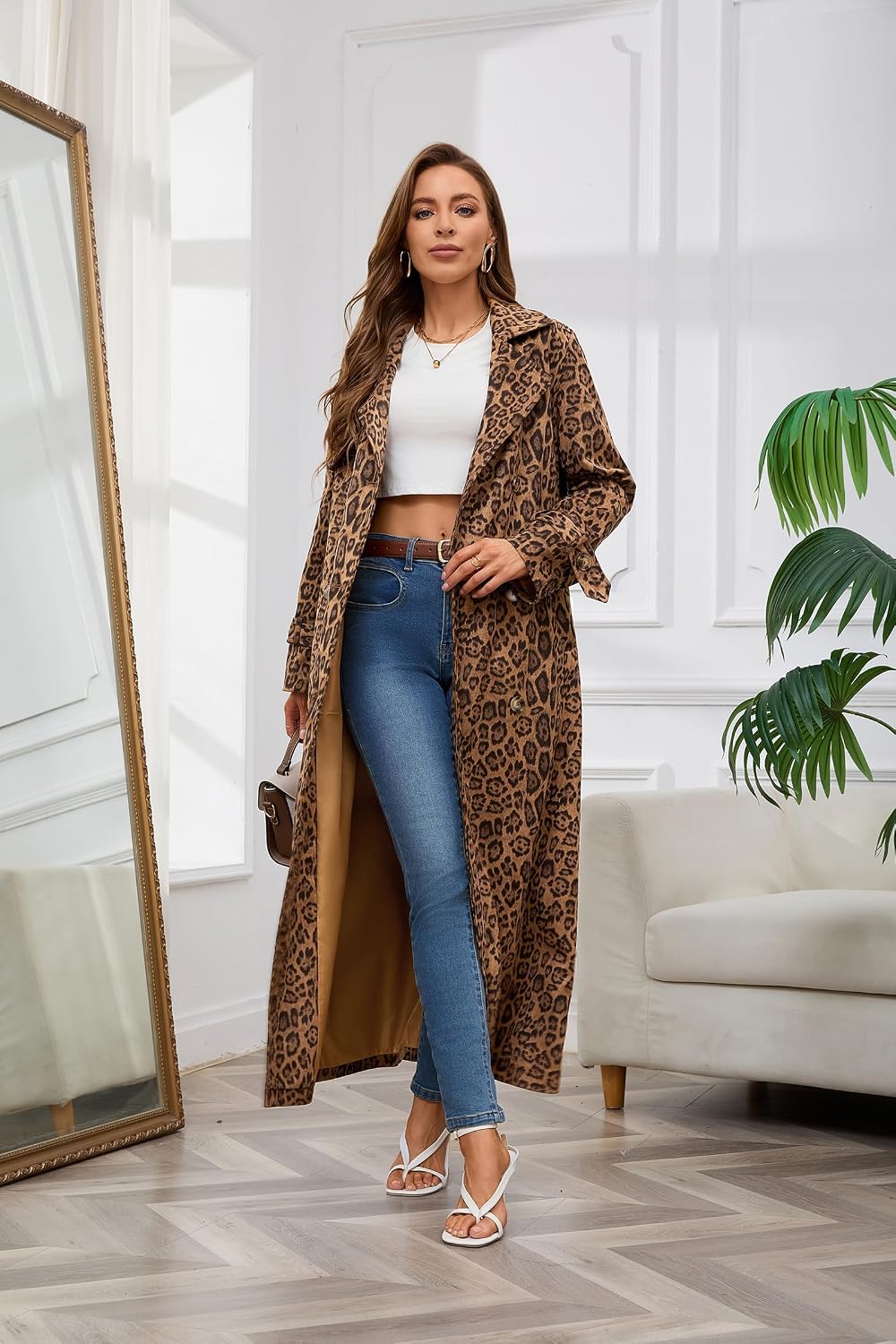 Womens Faux Suede Long Trench Coat Notched Lapel Double Breasted Pea Overcoat with Belt