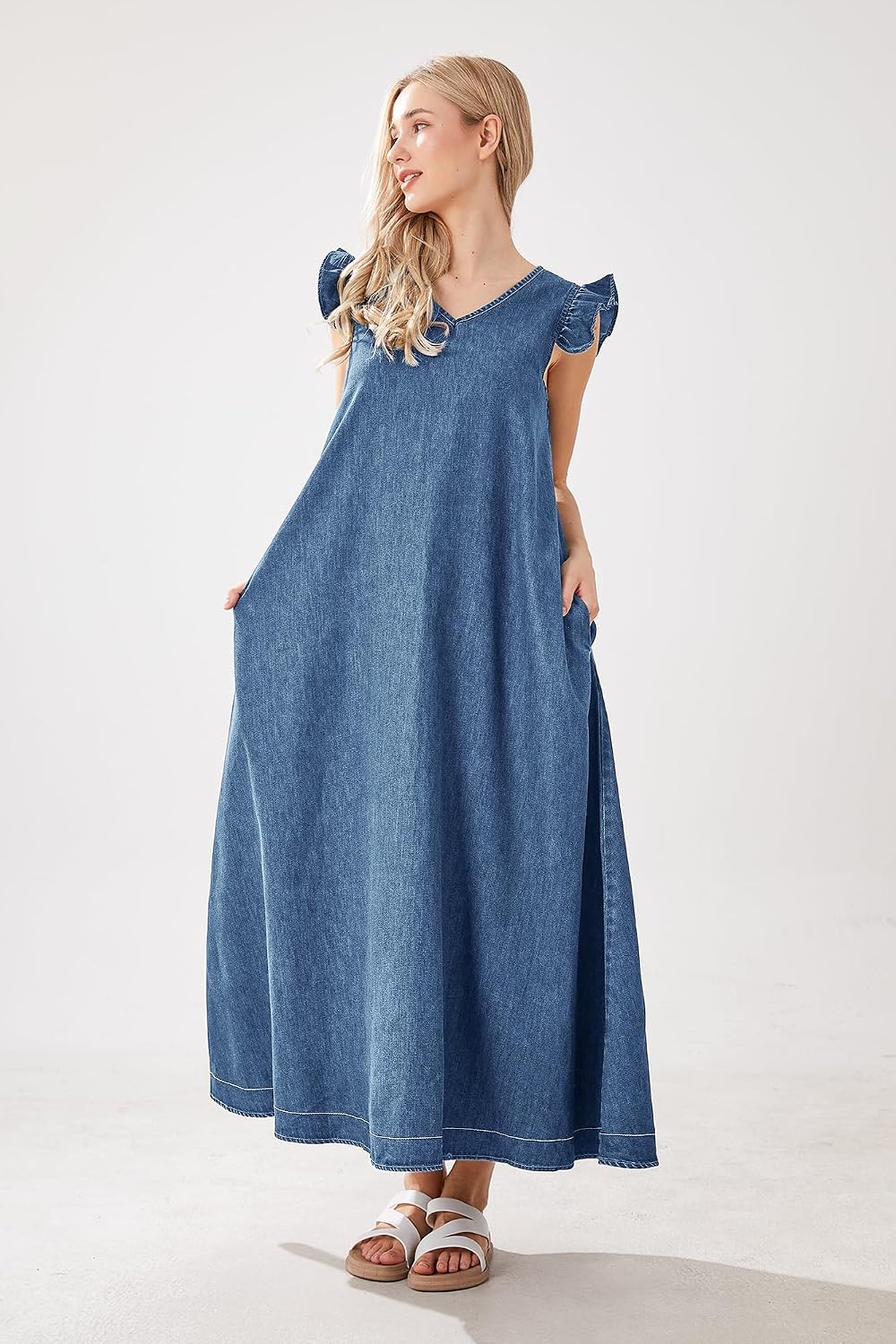 Womens Long Denim Dress Casual Fit Ruffle Sleeveless V-Neck Jean Maxi Dresses for Women Womens Long Denim Dress Casual Fit Ruffle Sleeveless V-Neck Jean Maxi Dresses for Women