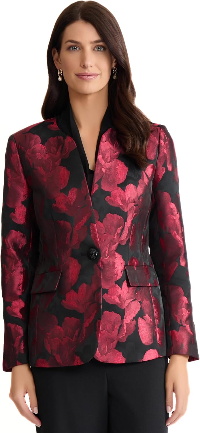 Women's Floral Jacquard One Button Blazer Red