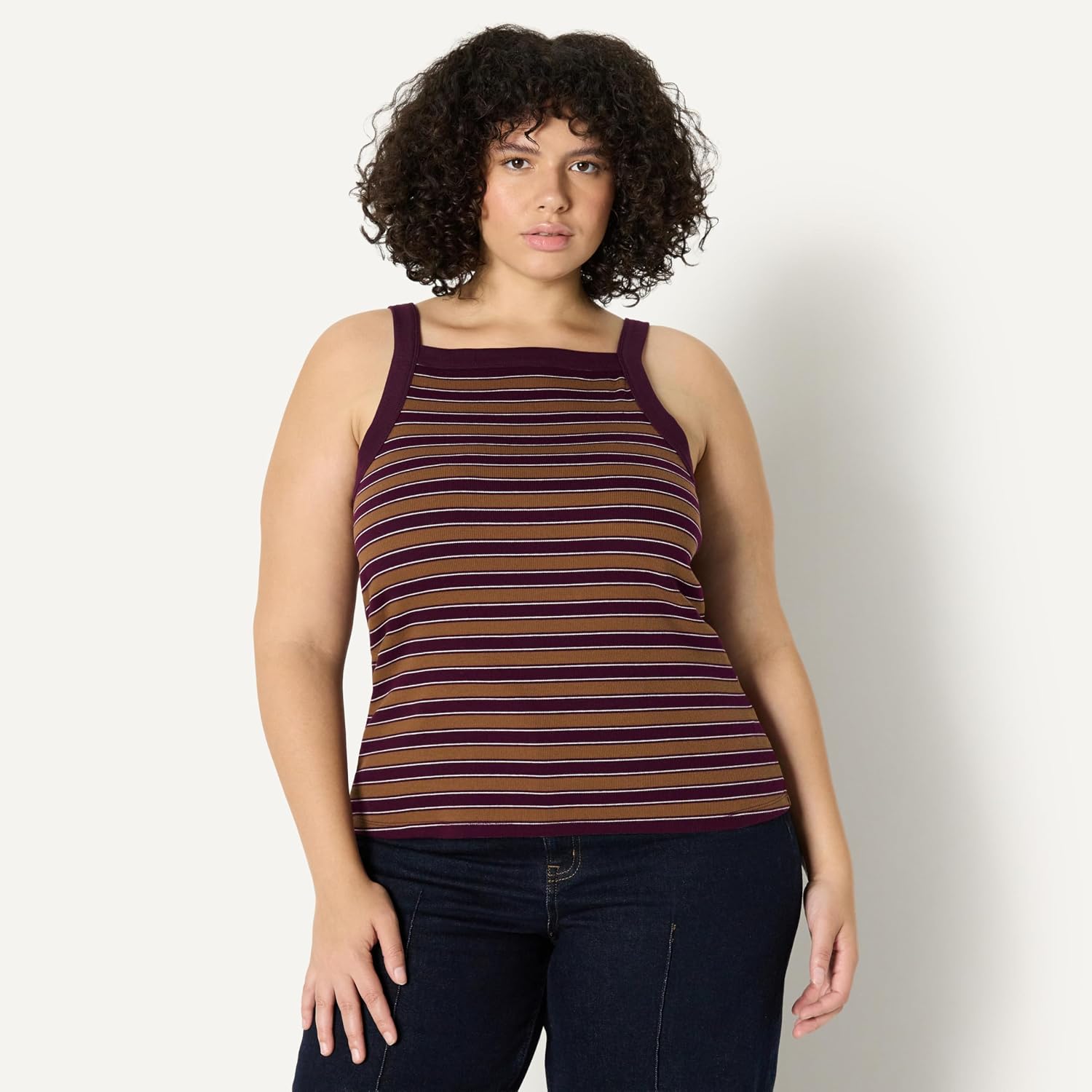 Women's Striped High Neck Rib Knit Tank Top Women's Striped High Neck Rib Knit Tank Top
