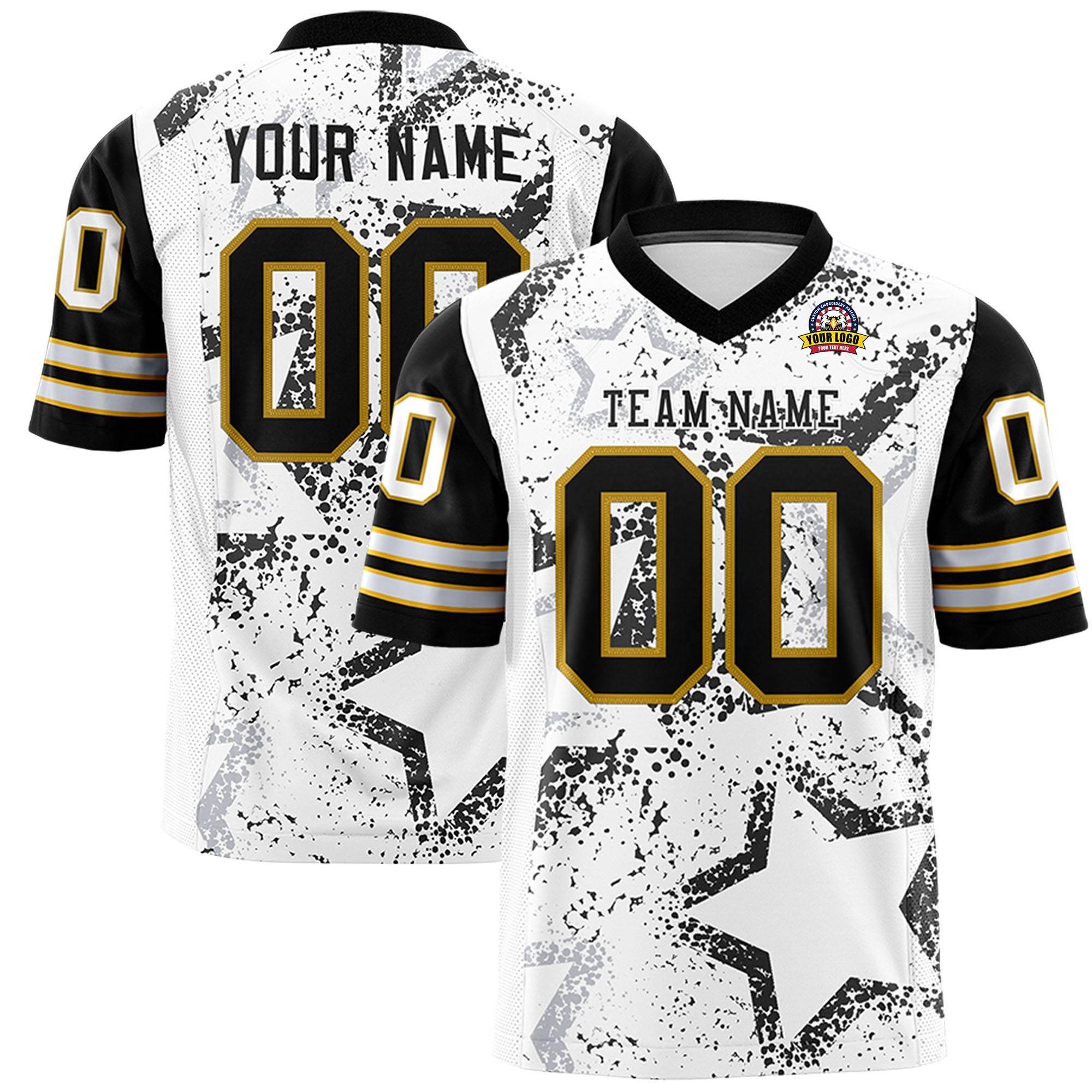 Benutzerdefiniertes, personalisiertes, authentisches Fußballtrikot mit Sternmuster-Design in Weiß, Schwarz und Altgold
