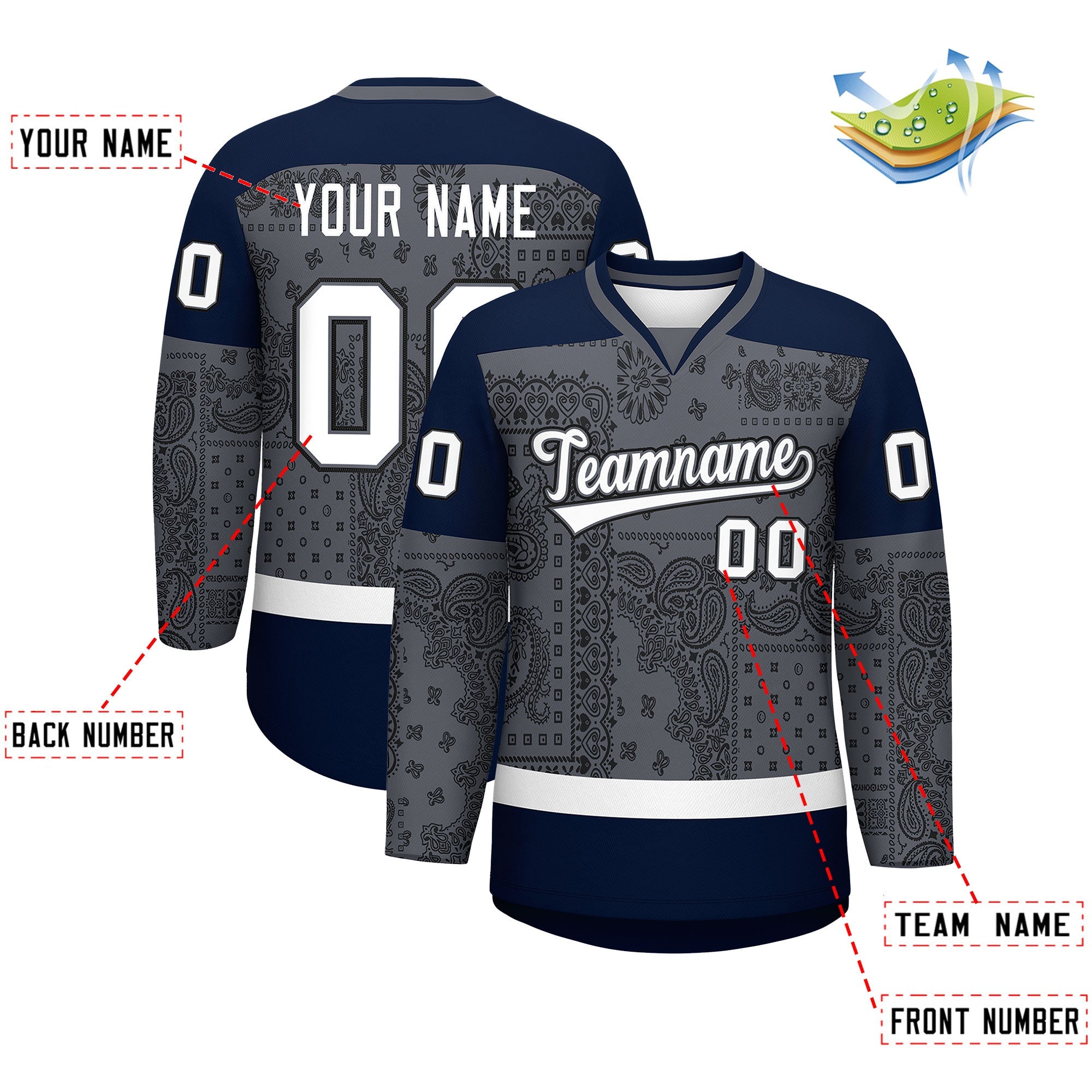Custom Cashew Flower Graffiti Pattern V-Neck Hockey Jersey