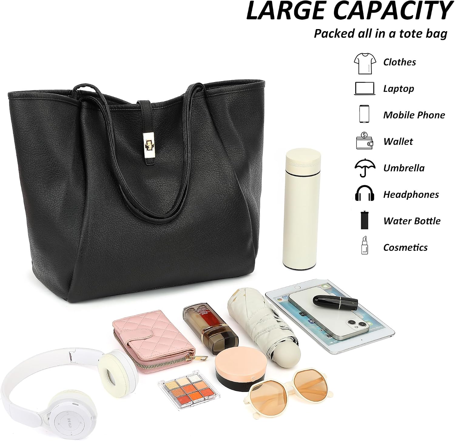 Women's Vegan Leather Turn-Lock Tote Handbag, Black Women's Vegan Leather Turn-Lock Tote Handbag, Black