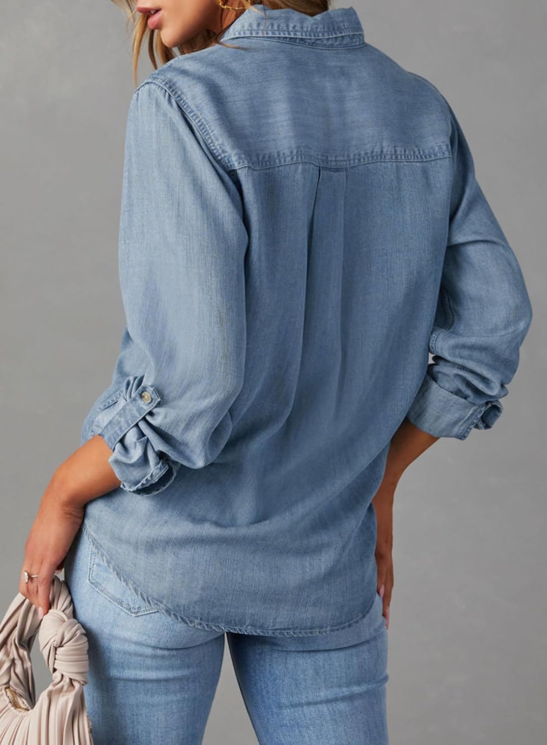 Women's Chambray Button Down Shirt Long Sleeve With Pockets