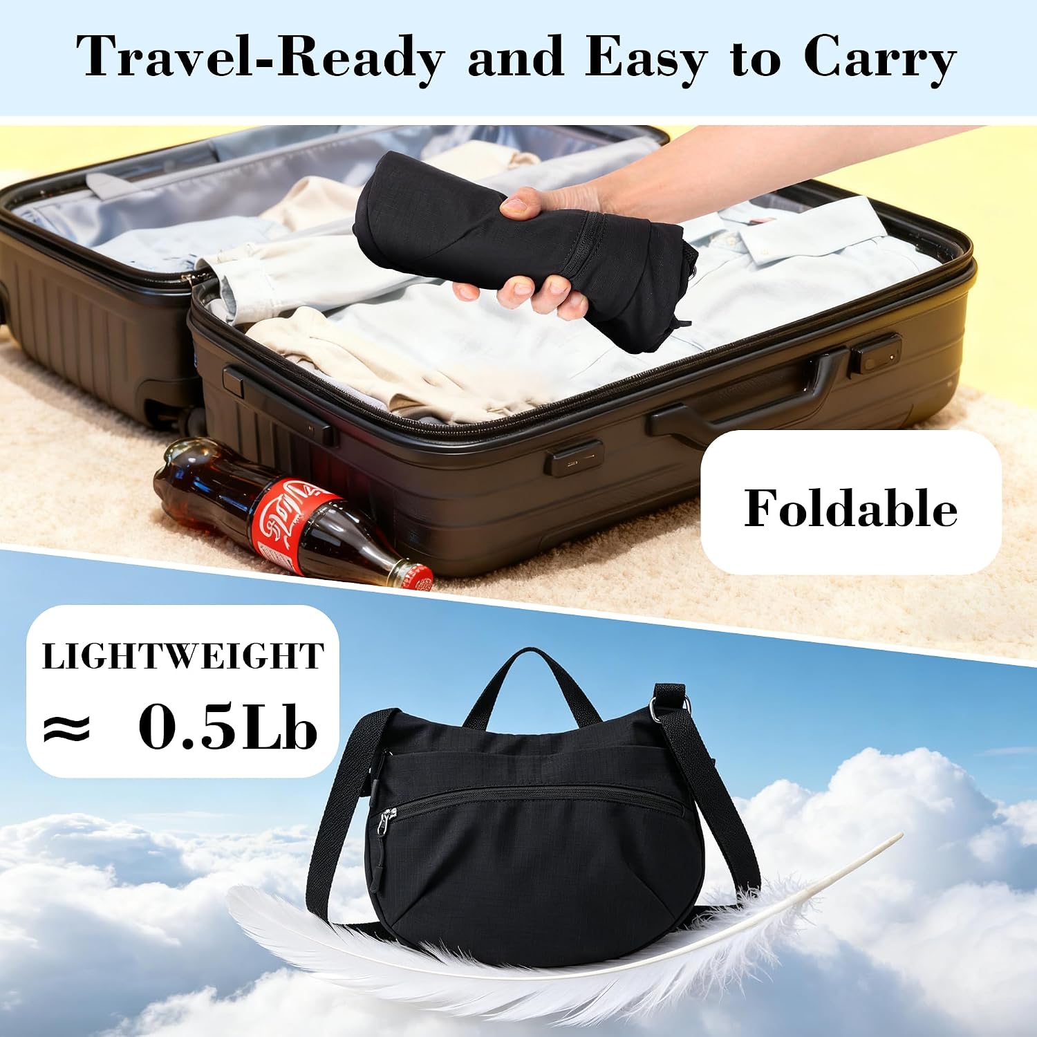 Women's Nylon Crescent Crossbody Bag Packable Travel Purse Black