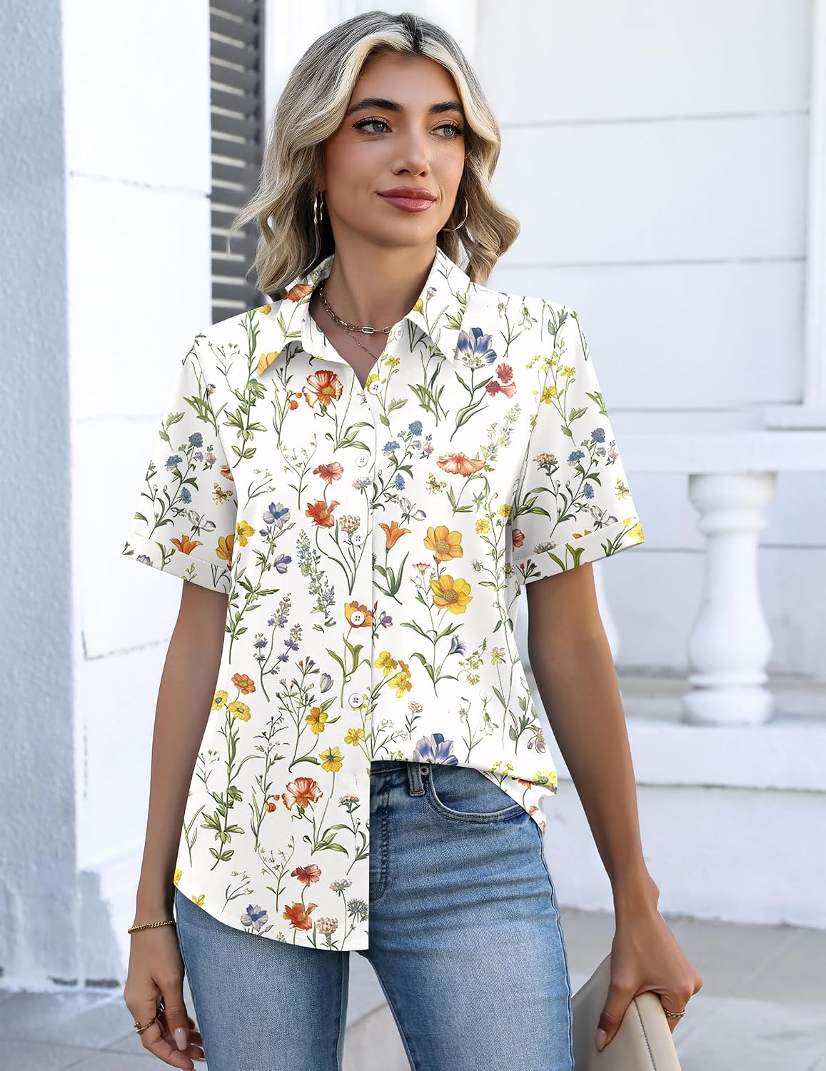 Button Down Shirts for Women Short Sleeve Collared Tops Dressy V Neck Blouses