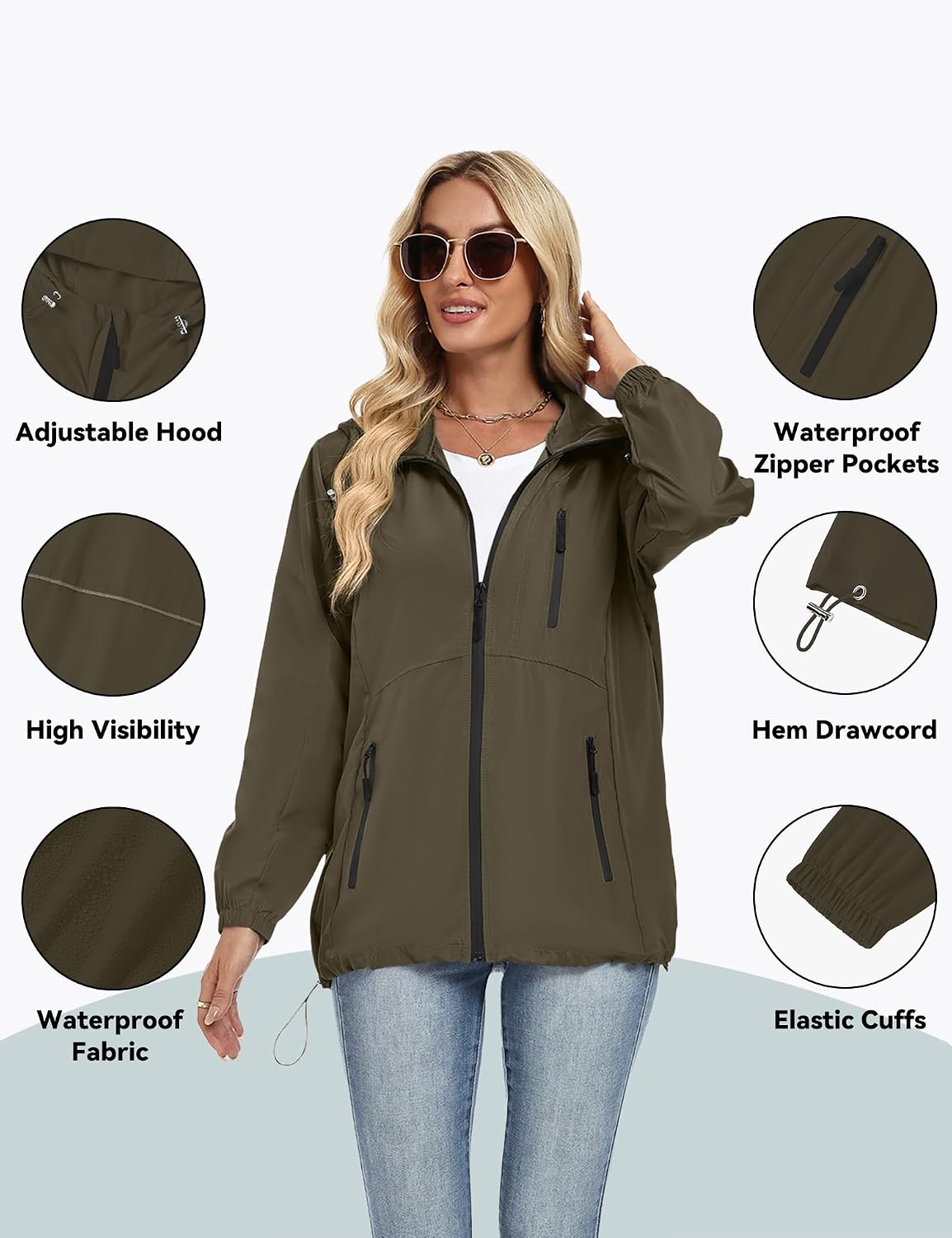 Women's Packable Hooded Windbreaker Rain Jacket Army Green