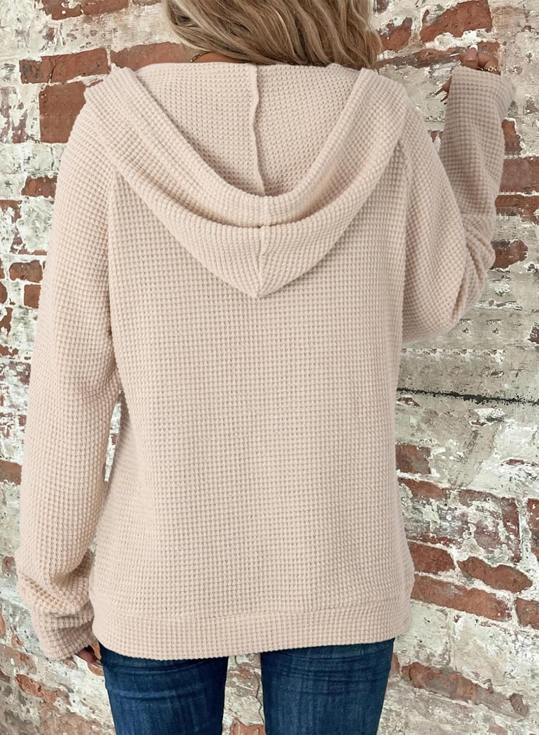 Women's Full Zip Up Hoodies Waffle Knit Long Sleeve Drawstring Casual Sweatshirt Hooded Tops
