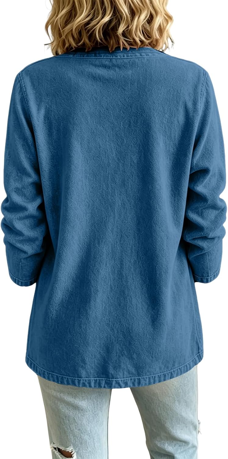 Denim Cardigan Jacket for Women Classic 3-Quarter Sleeve Jeans Oversized Wash V Neck Open Front Coat