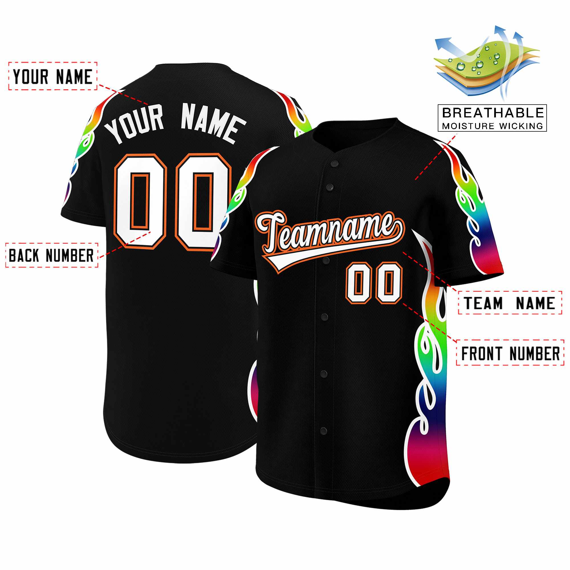 Benutzerdefiniertes Graffiti-Muster, personalisierter mehrfarbiger Flammendruck, authentisches Baseball-Trikot