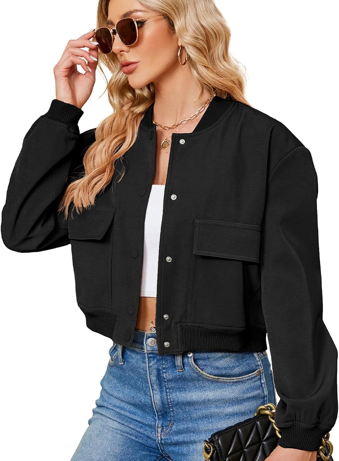 Bomber Jacket Women - Short Cropped Button Down Long Sleeve Casual Varsity Jackets with Pockets