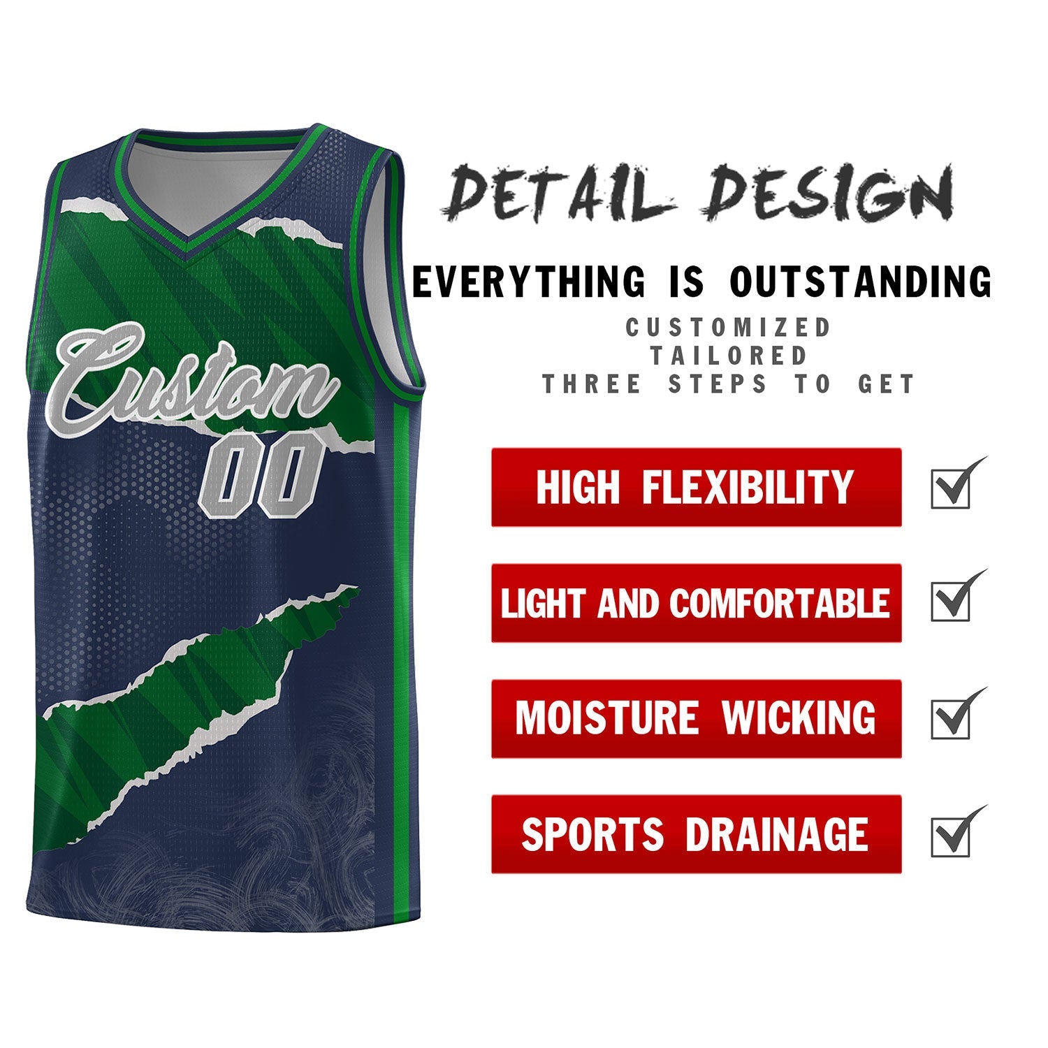 Benutzerdefiniertes Mitternachtsblaues Kelly Green-Hunter Green Tear Graffiti-Muster-Sportuniform-Basketballtrikot