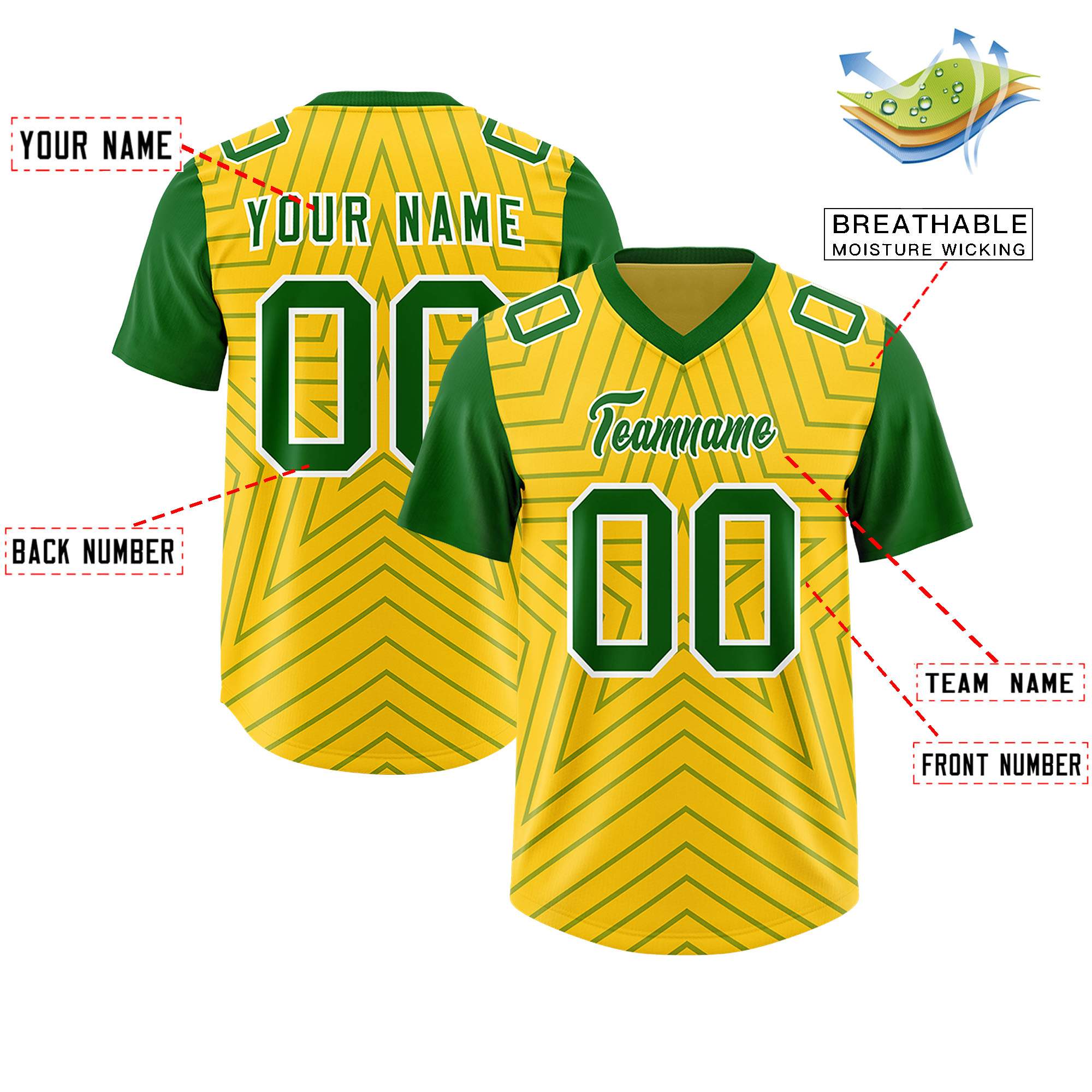 Individuell personalisiertes, authentisches Fußballtrikot mit Raglanärmeln und Sternenmuster