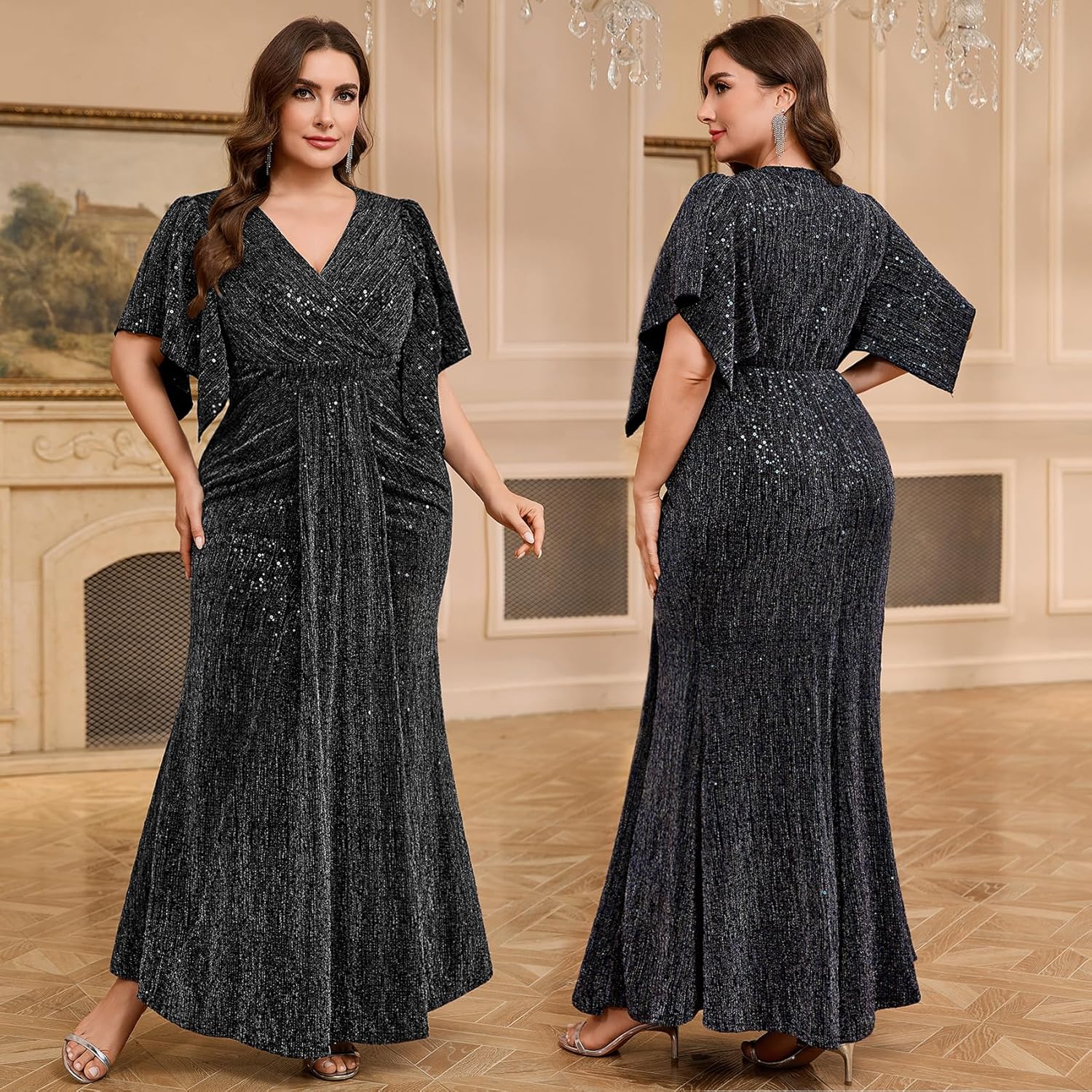 Plus Size Formal Gown Black Tie Dress Sequin Ruched Draped Sparkly Cocktail Wedding Prom Gala Evening Holiday