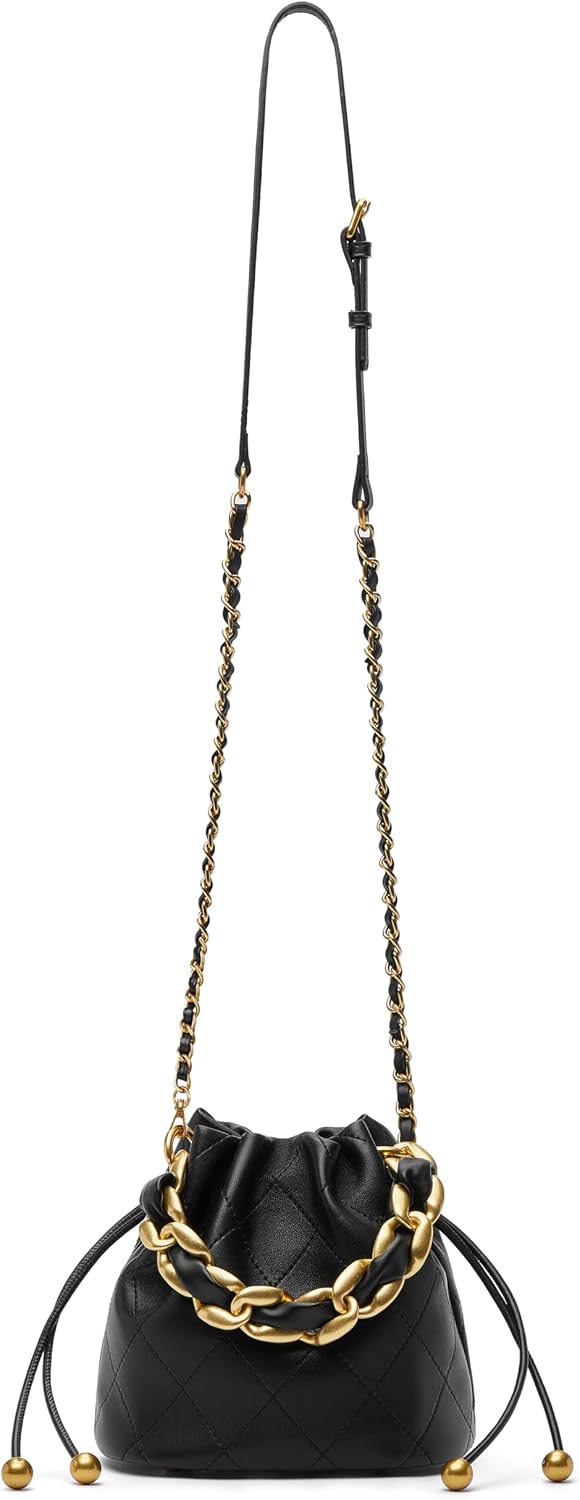 Women's Quilted Lambskin Chain Drawstring Bucket Bag, Black