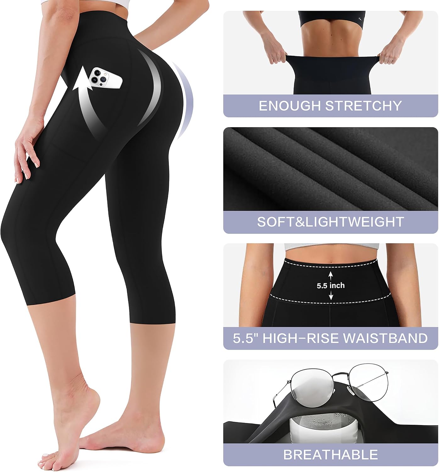 Women's High Waist Capri Leggings with Pockets (Navy)