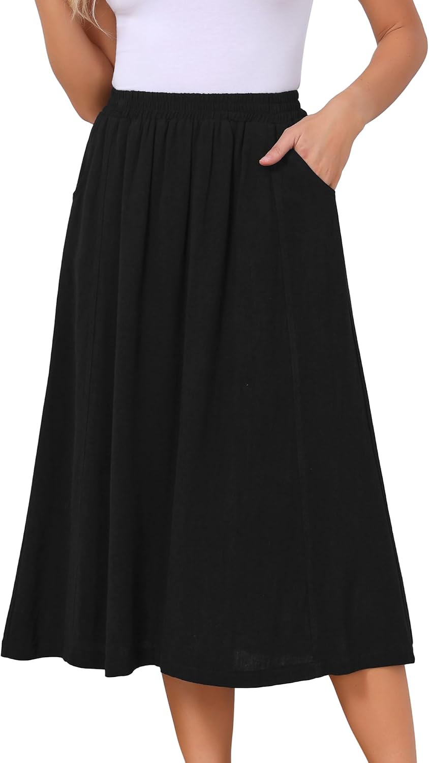 Women's Linen Skirt Summer Casual Flowy Swing Elastic High Waist A-Line Boho Midi Skirts with Pockets