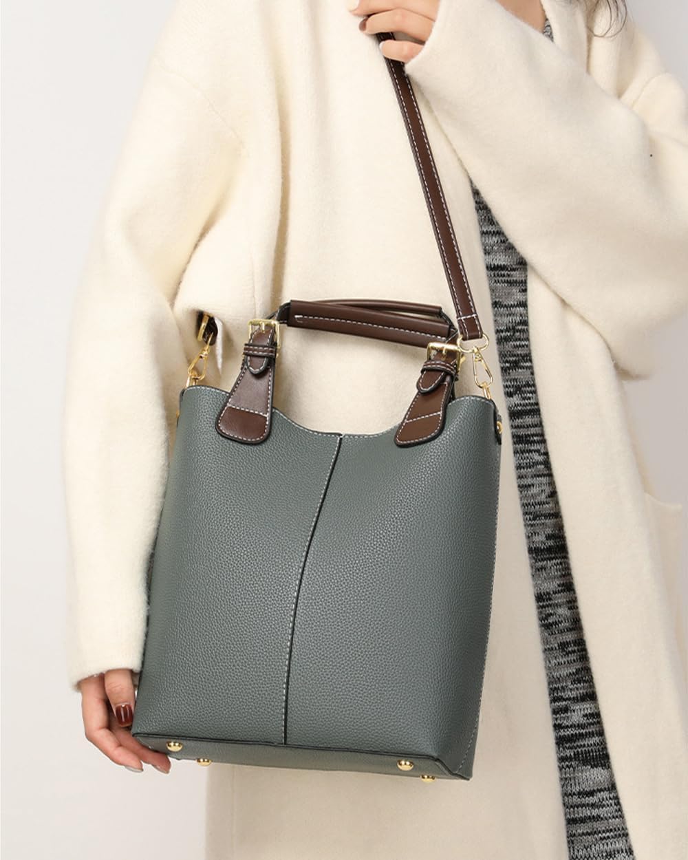 Women's Vegan Leather Bucket Handbag with Strap, Green Women's Vegan Leather Bucket Handbag with Strap, Green