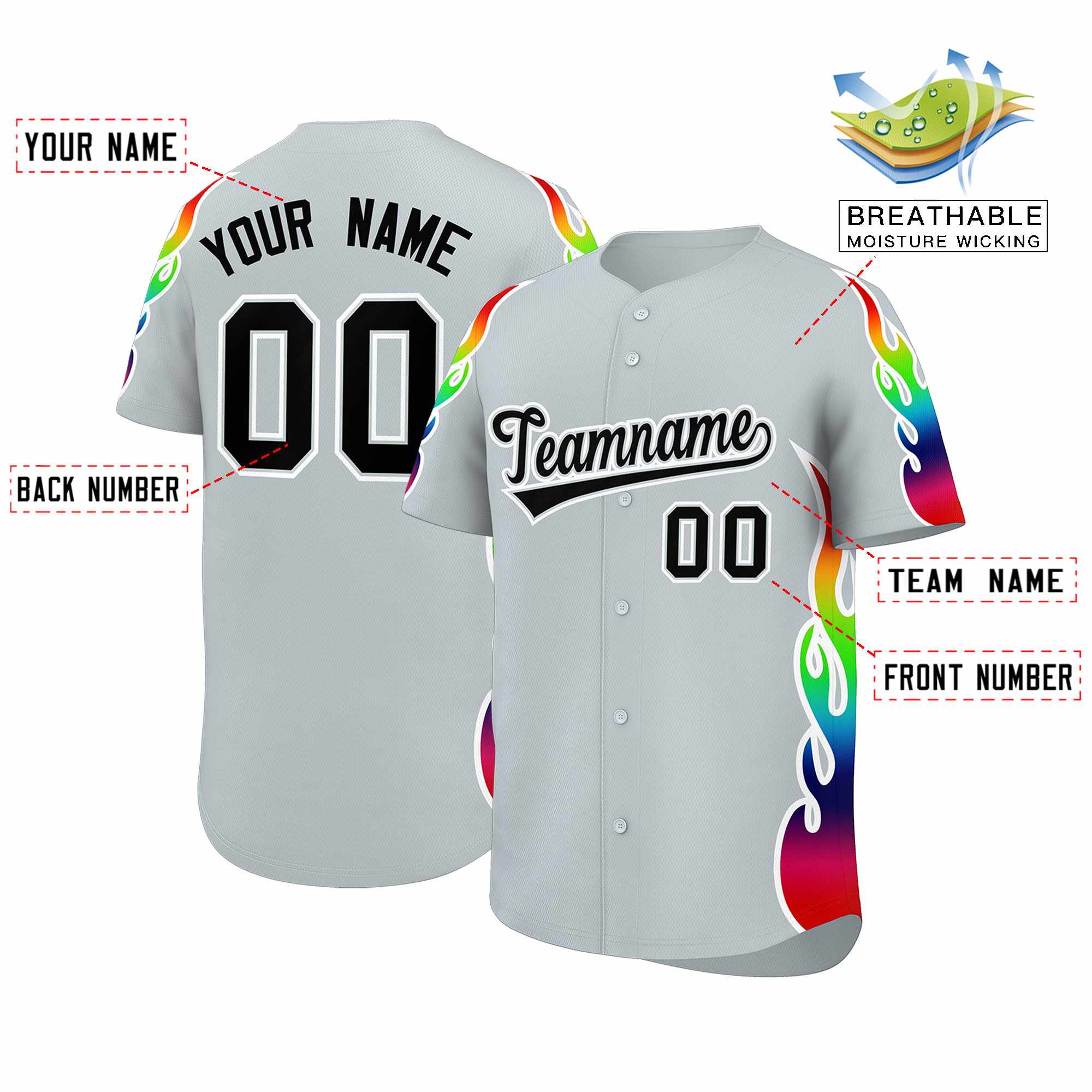 Benutzerdefiniertes Graffiti-Muster, personalisierter mehrfarbiger Flammendruck, authentisches Baseball-Trikot