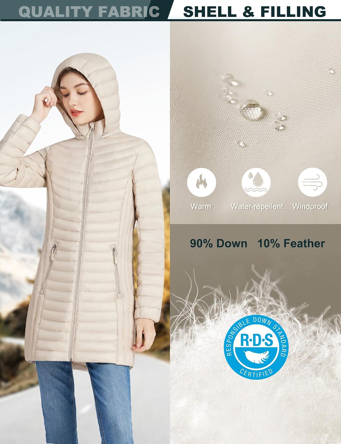 Women's Ultralight Hooded Long Down Coat Beige