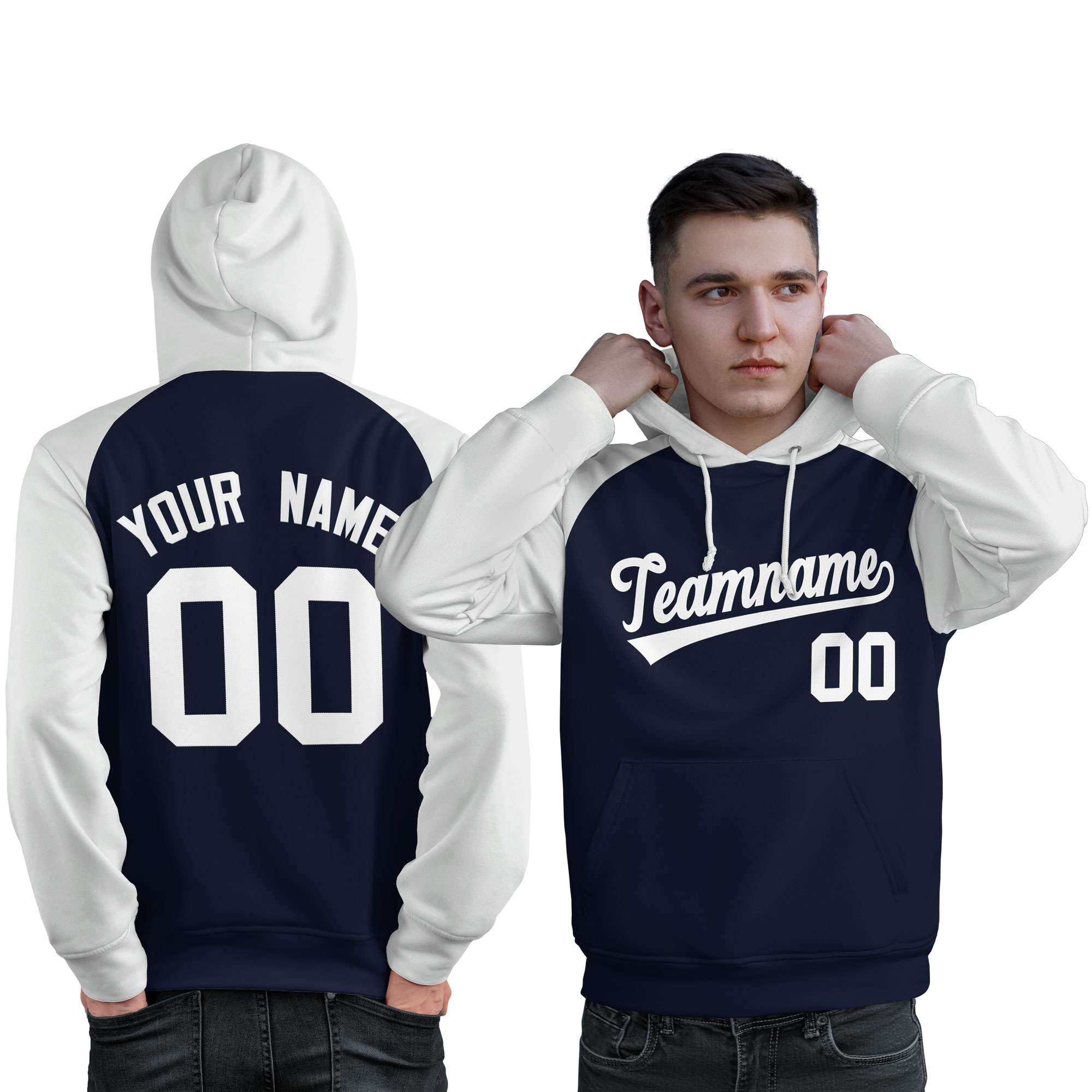 Individuell genähter Sportpullover mit Raglanärmeln in Marineblau und Weiß für Herren