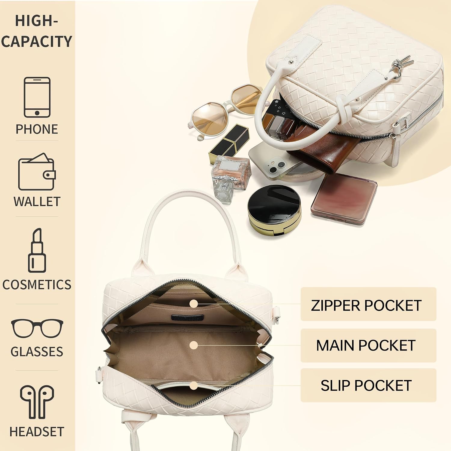 Women's Woven Vegan Leather Top-Handle Boston Bag, Cream